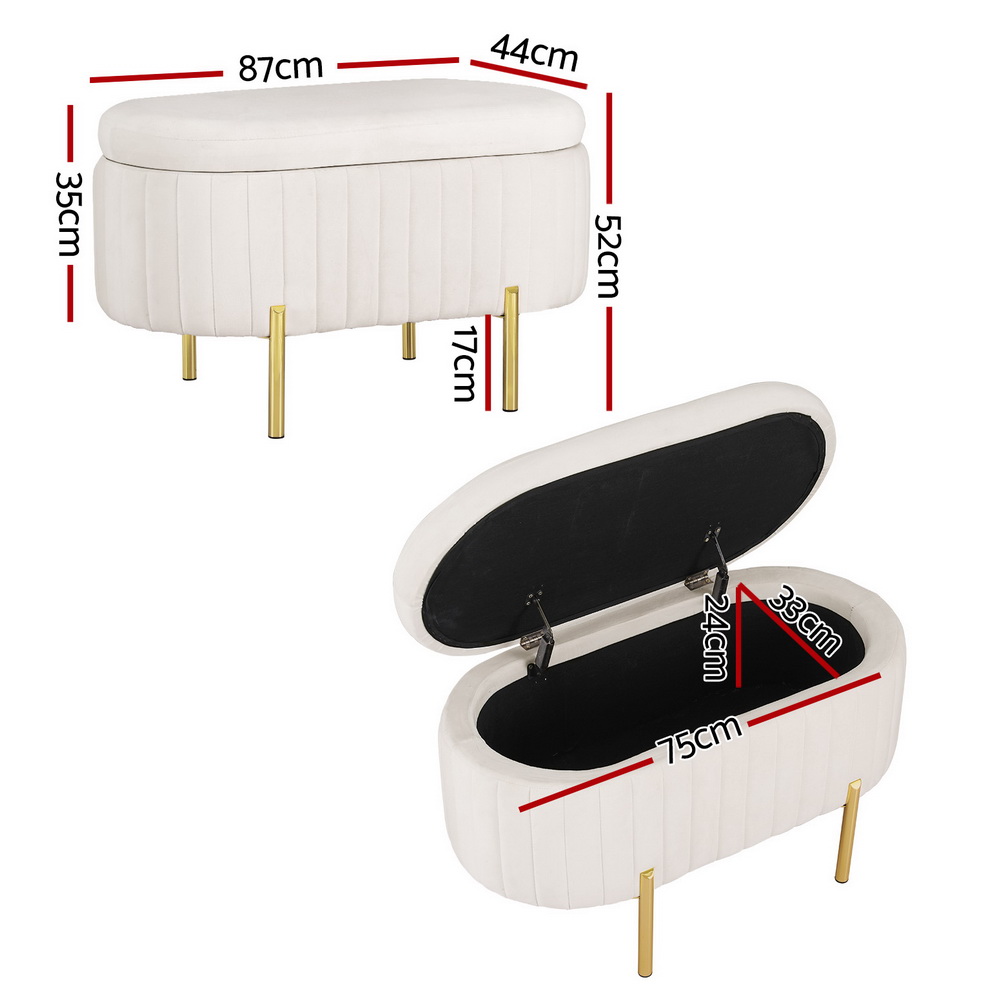 Artiss Velvet Oval Storage Ottoman Blanket Box 87cm White view 2