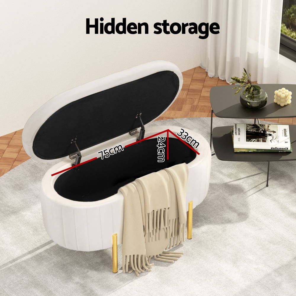 Artiss Velvet Oval Storage Ottoman Blanket Box 87cm White view 5