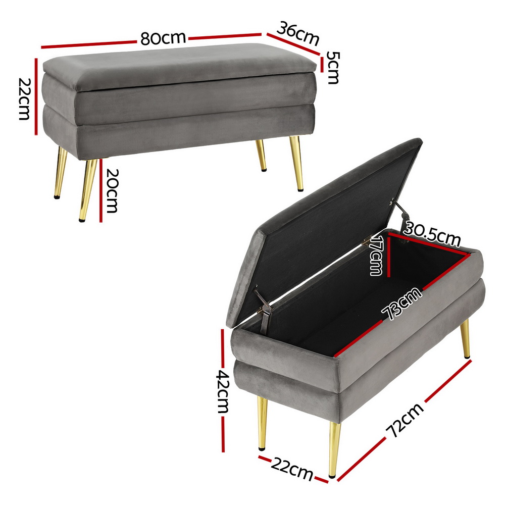Artiss Ottoman Storage Foot Stool Velvet Grey view 2