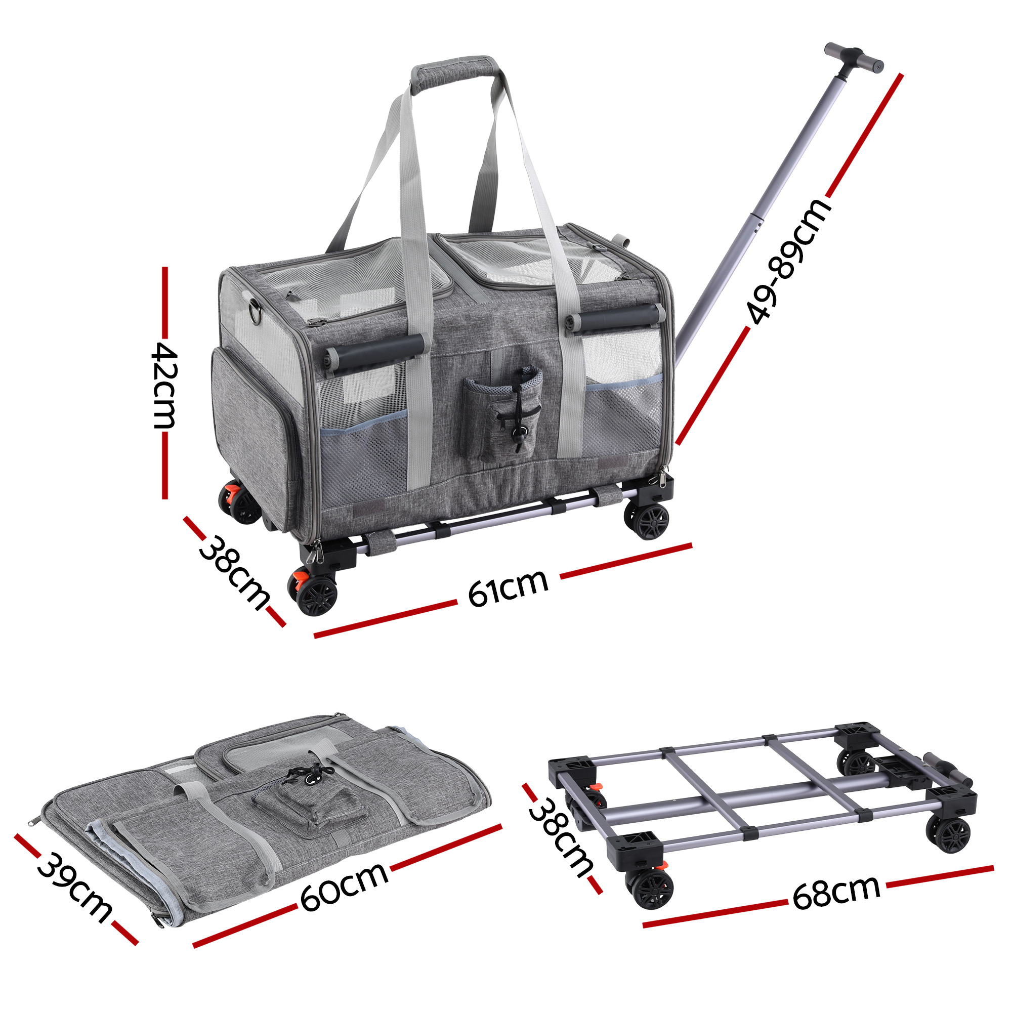 i.Pet Pet Carrier Trolley Swivel Wheels Grey view 2