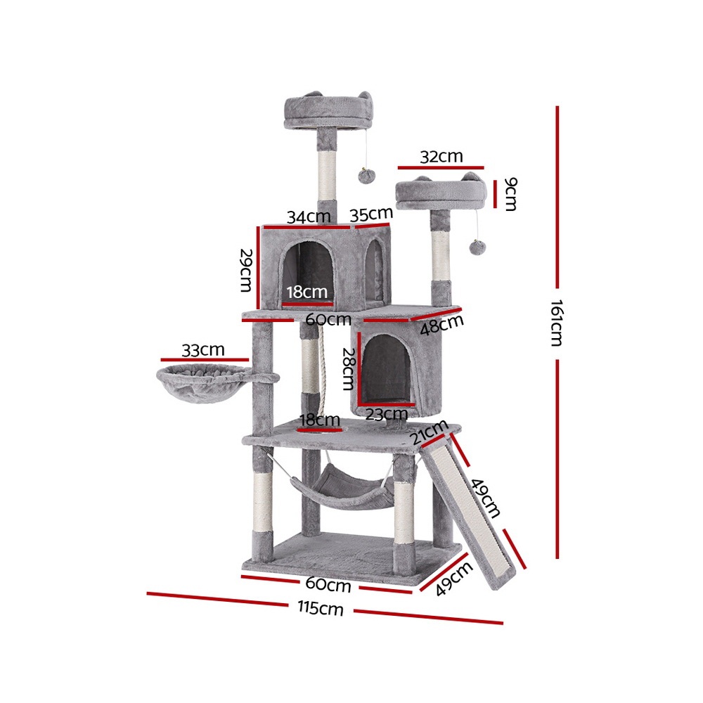 i.Pet Cat Tree Tower 161cm Grey Wood with Plush Cover view 2