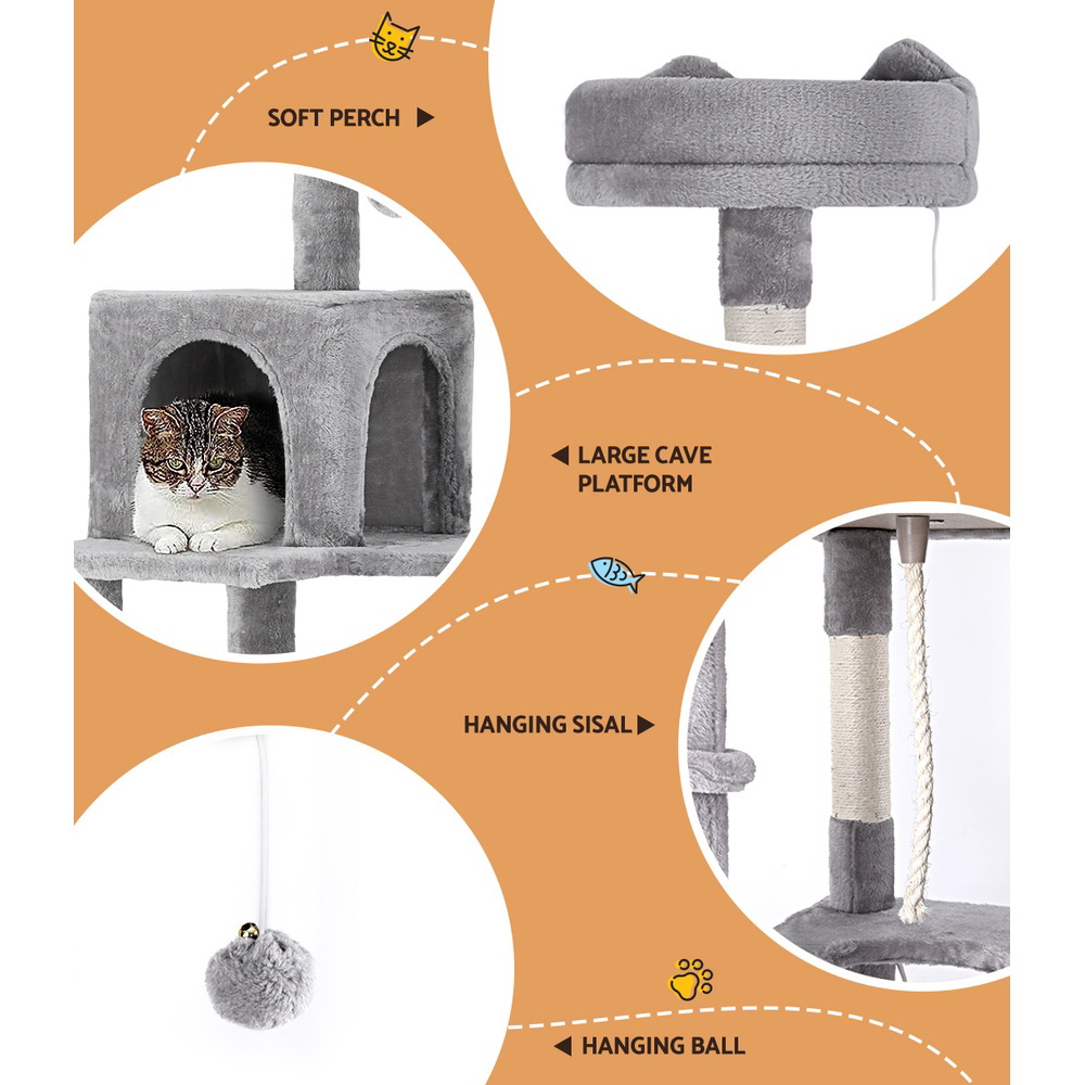 i.Pet Cat Tree Tower 161cm Grey Wood with Plush Cover view 4