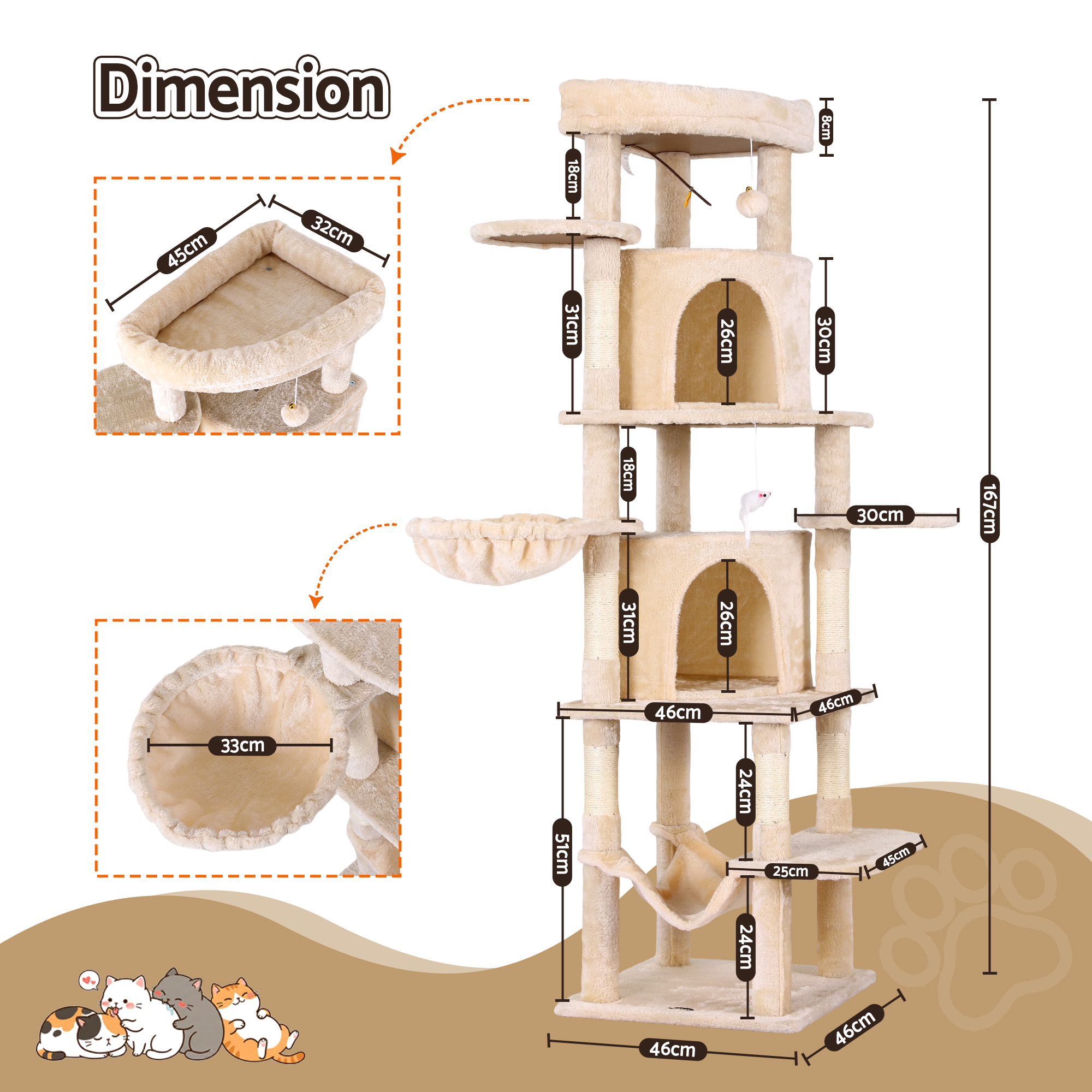 i.Pet Cat Tree Tower 167cm Large Beige Anti-Tip Base view 4
