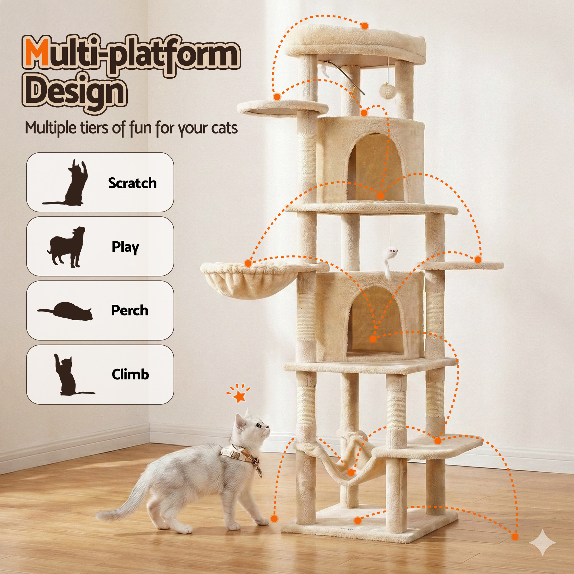 i.Pet Cat Tree Tower 167cm Large Beige Anti-Tip Base view 5
