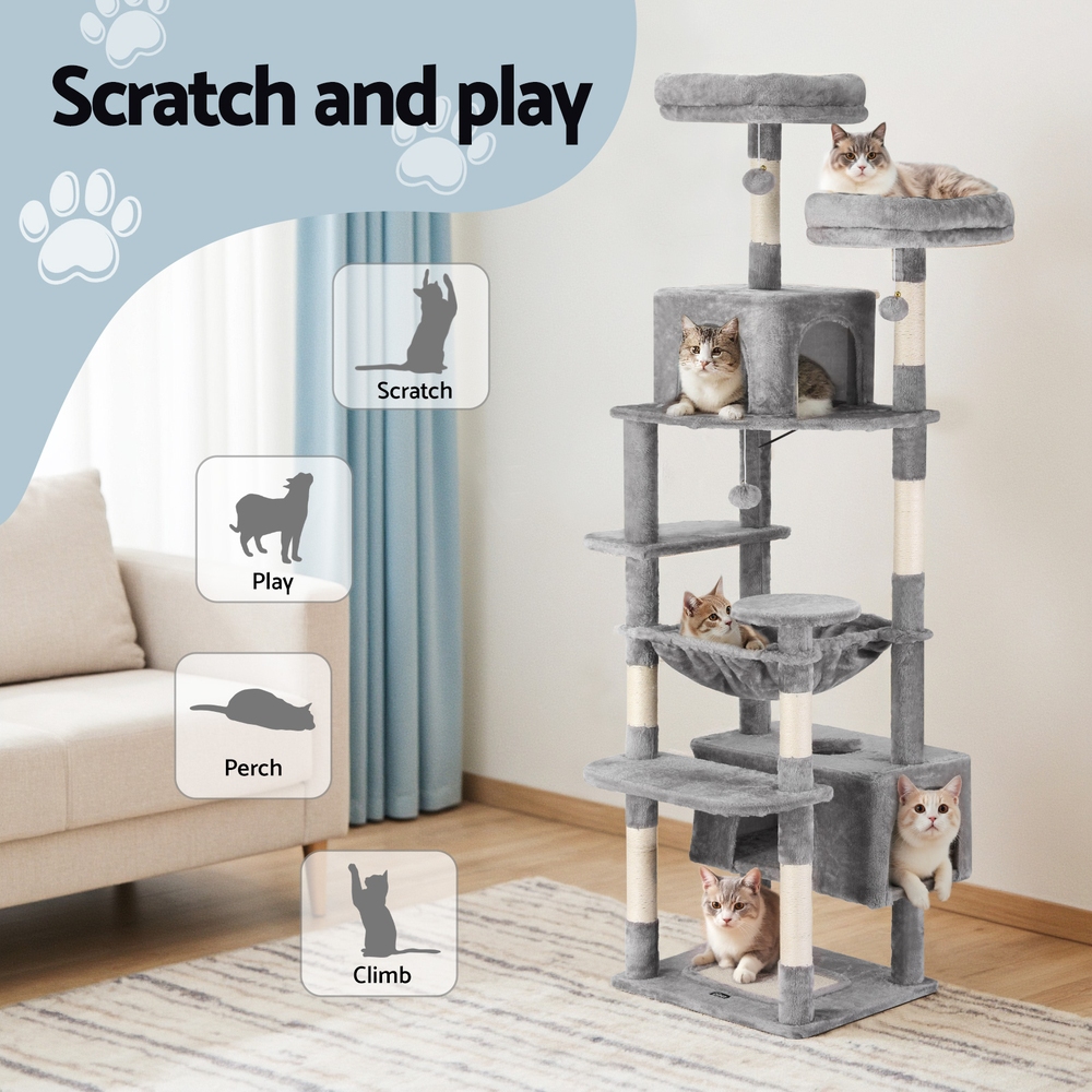 i.Pet Cat Tree 184cm Light Grey Wood with Plush Cover view 4