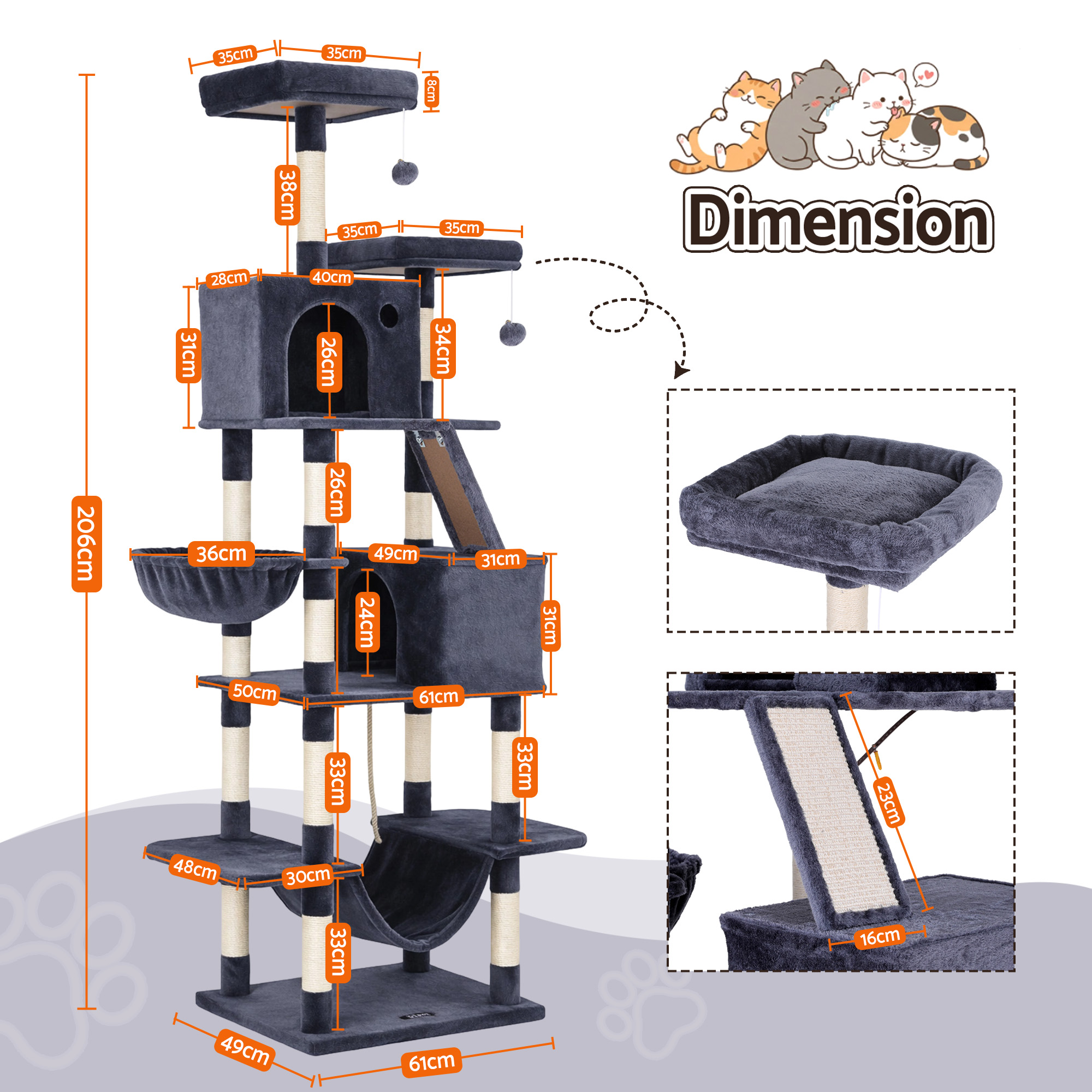 i.Pet Cat Tree Tower 206cm Large Grey Anti-Tip Base view 4