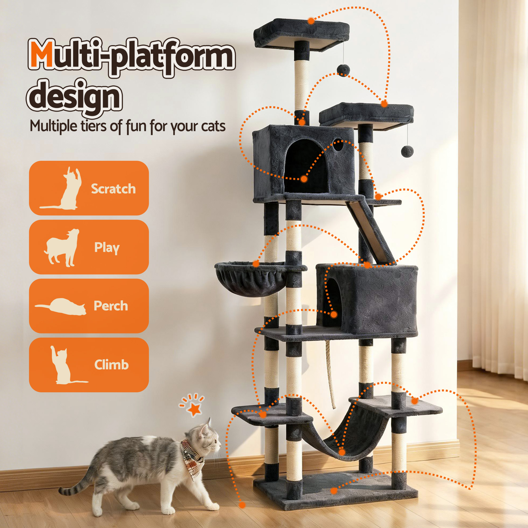 i.Pet Cat Tree Tower 206cm Large Grey Anti-Tip Base view 5