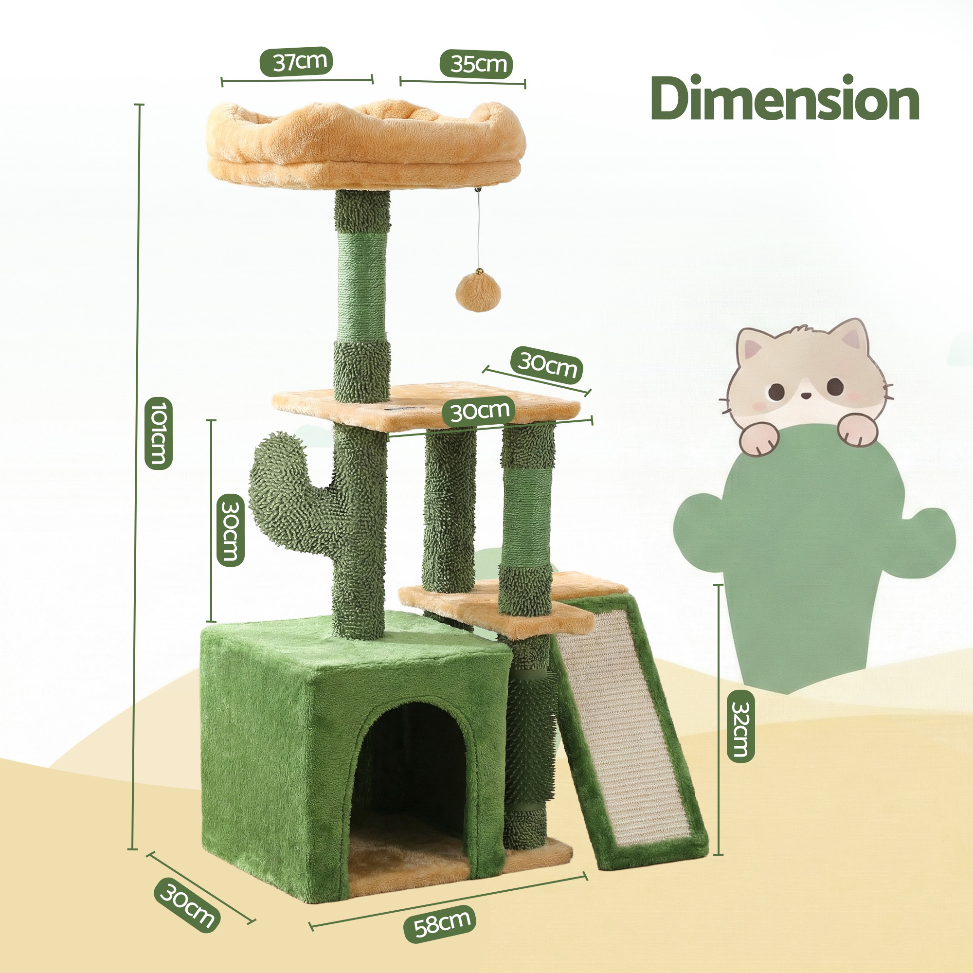 i.Pet Cat Tree Tower 101cm Green with Anti-Tip Base view 2