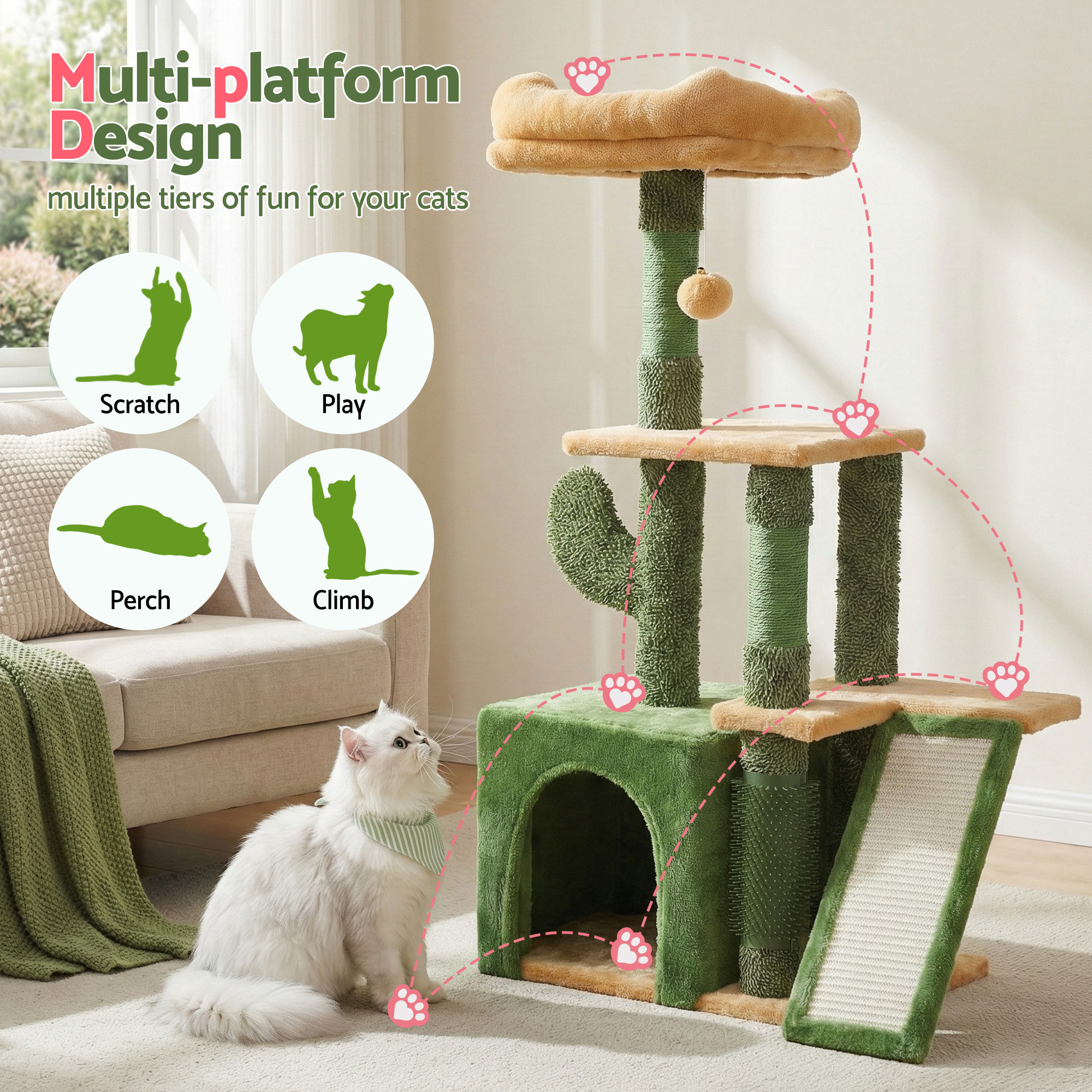 i.Pet Cat Tree Tower 101cm Green with Anti-Tip Base view 4