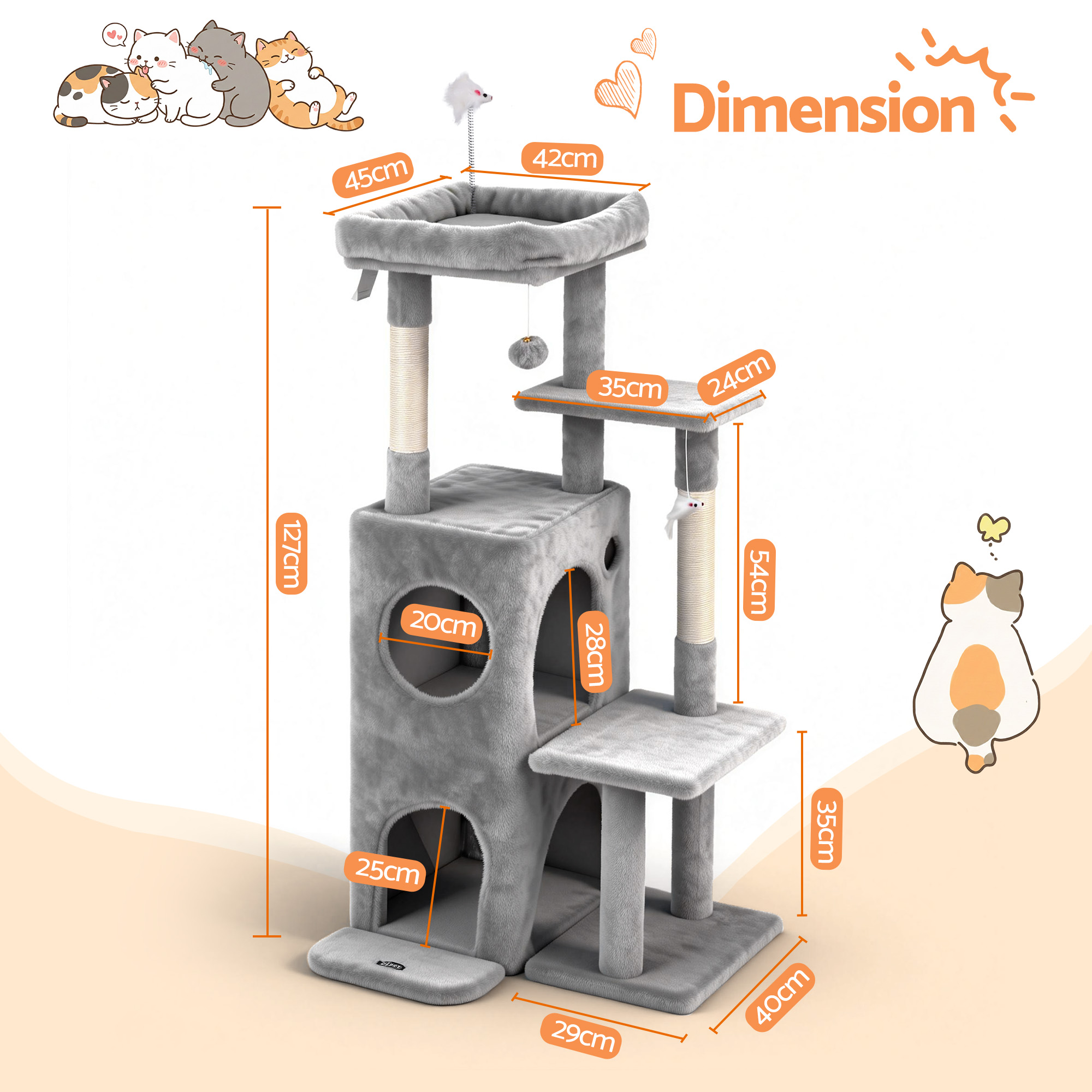 i.Pet Cat Tree Tower 127cm Light Grey Anti-Tip Base view 2