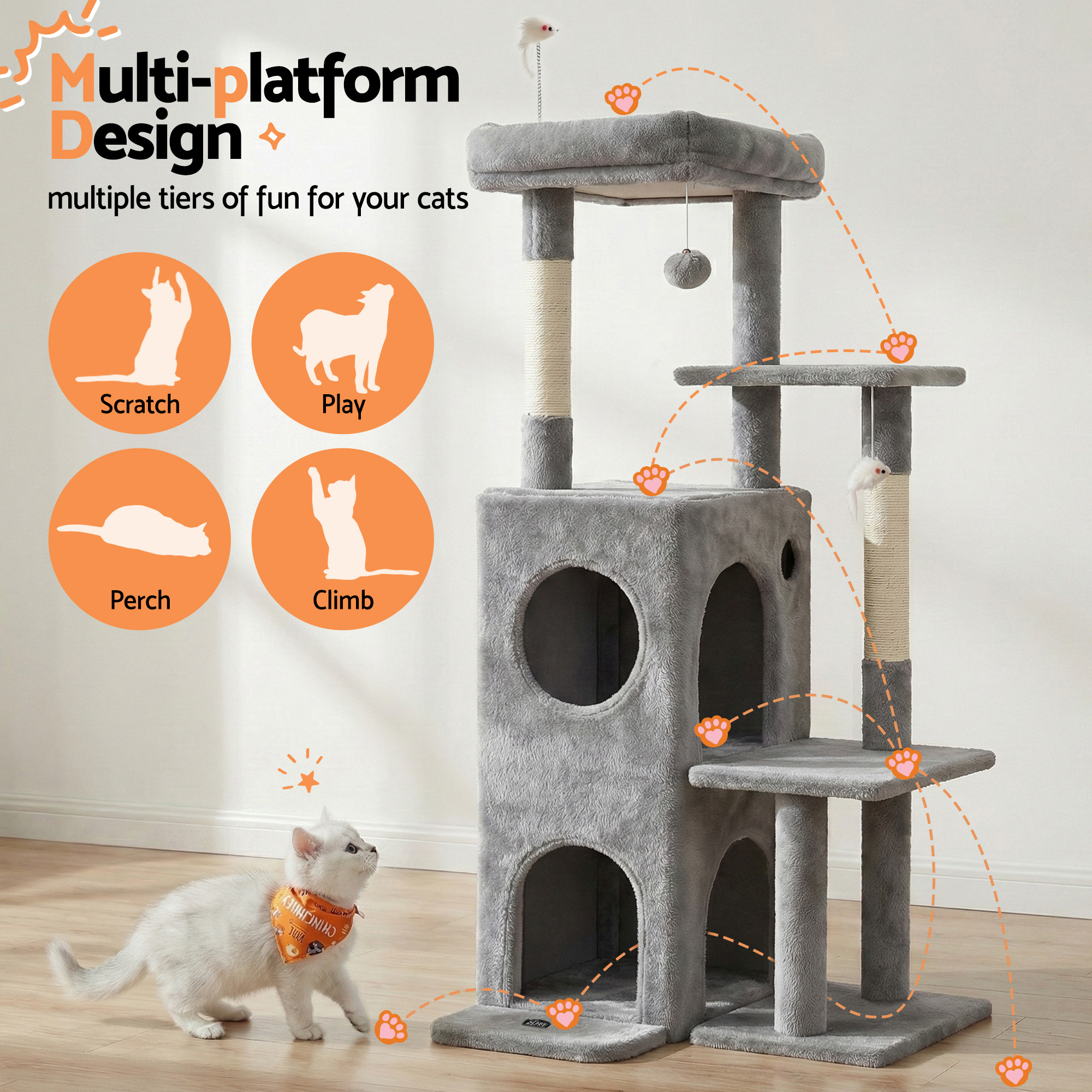 i.Pet Cat Tree Tower 127cm Light Grey Anti-Tip Base view 4