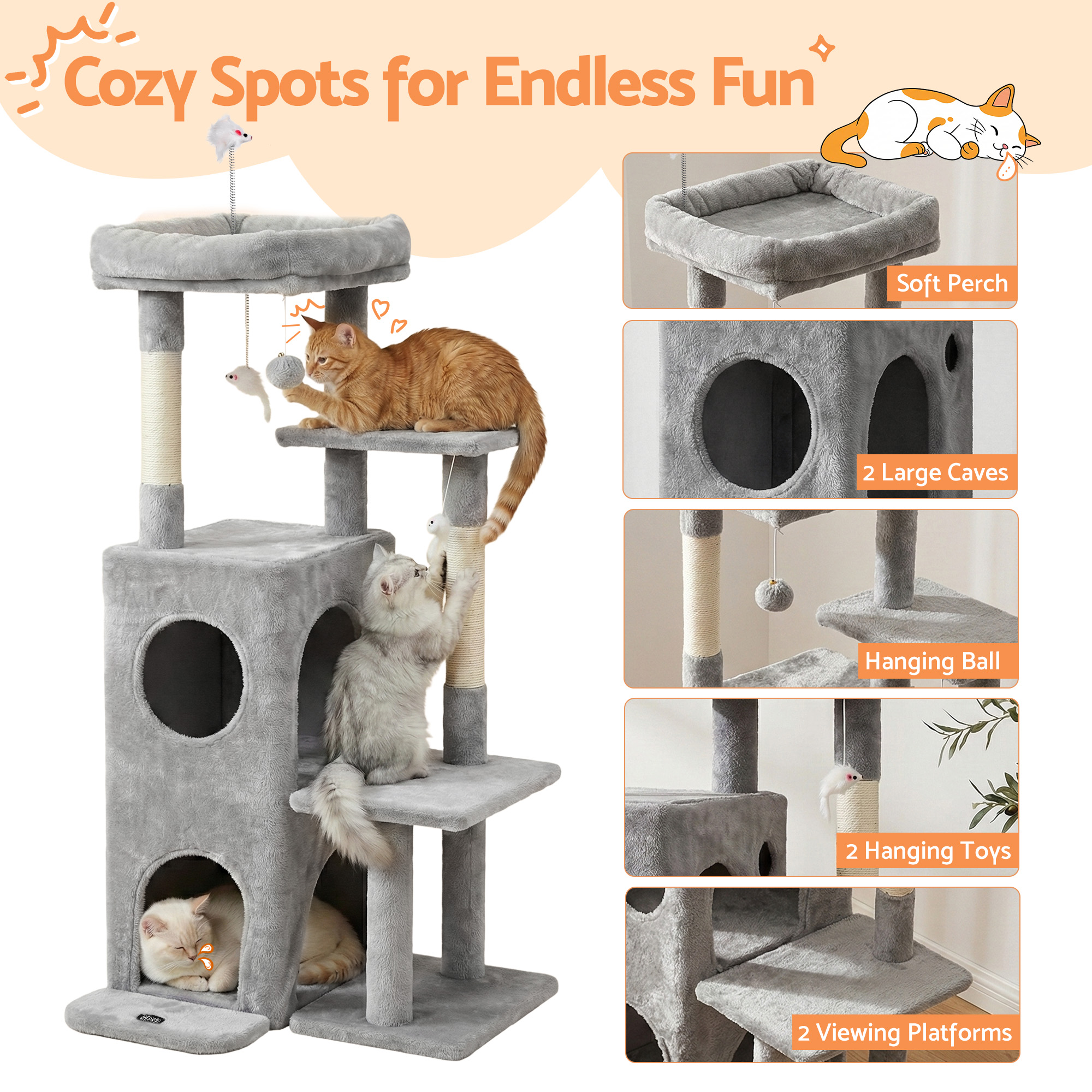 i.Pet Cat Tree Tower 127cm Light Grey Anti-Tip Base view 5