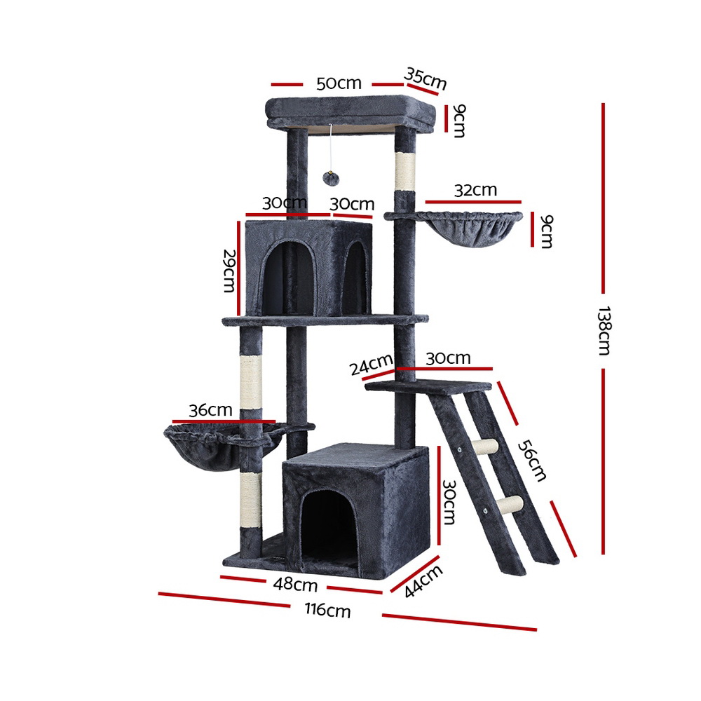 i.Pet Cat Tree Tower 138cm Grey Wood with Plush Cover view 2