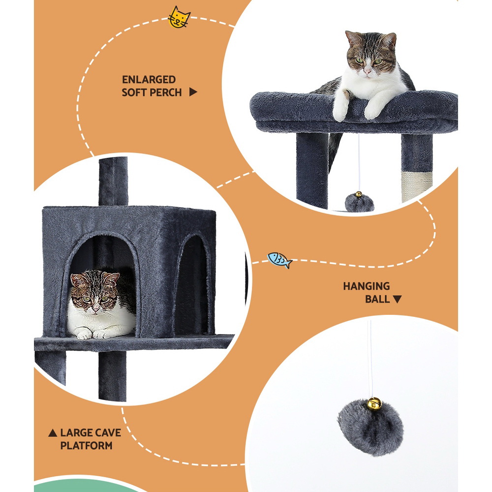 i.Pet Cat Tree Tower 138cm Grey Wood with Plush Cover view 4