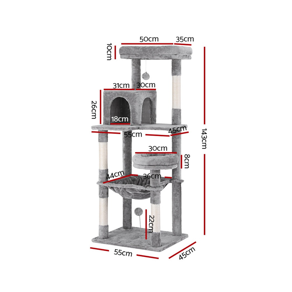 i.Pet Cat Tree Tower 143cm Grey Wood with Plush Cover view 2