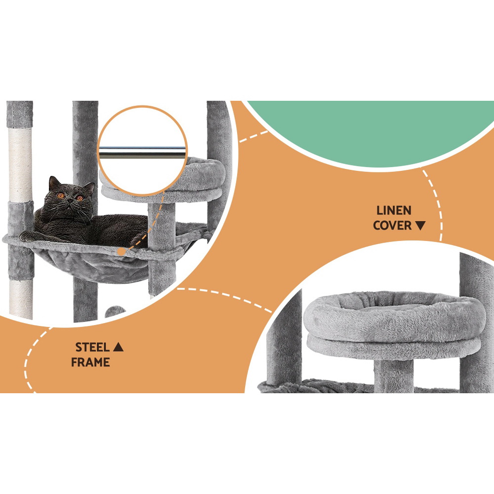 i.Pet Cat Tree Tower 143cm Grey Wood with Plush Cover view 5