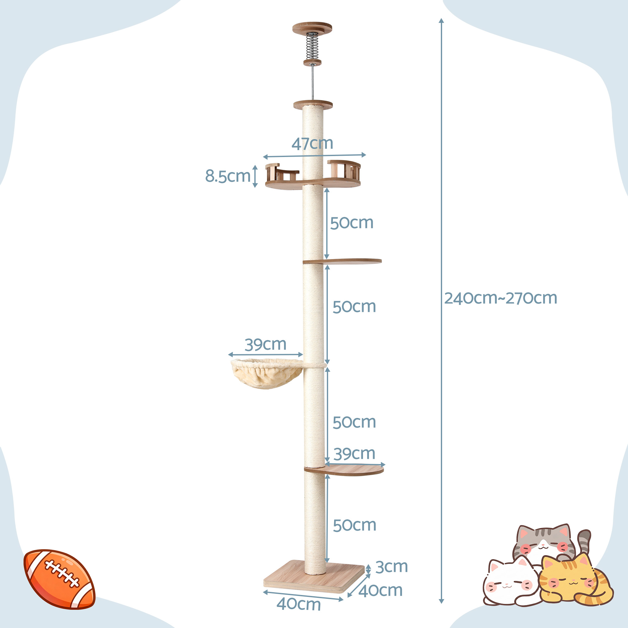 i.Pet Cat Tree Tower 270cm Floor to Ceiling Beige view 2