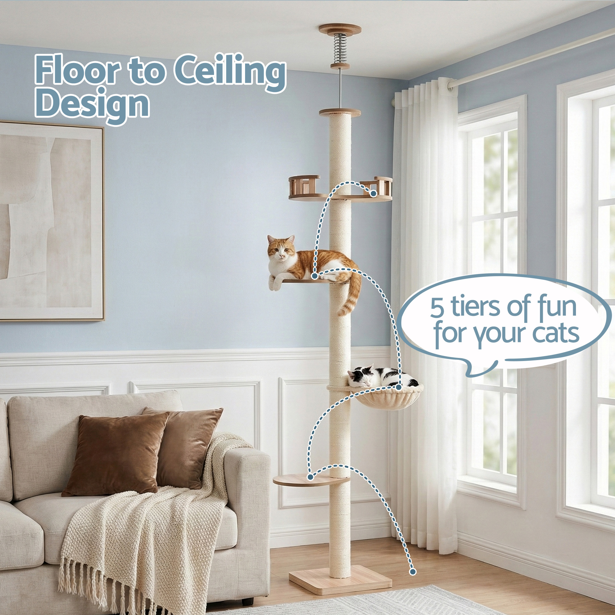 i.Pet Cat Tree Tower 270cm Floor to Ceiling Beige view 4