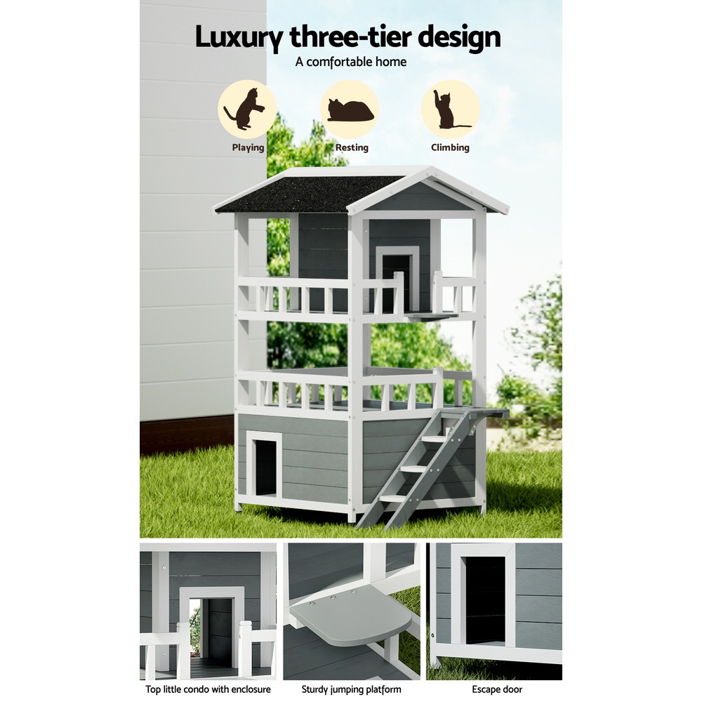 i.Pet Wooden Cat House Shelter 72x72x127cm 3-Tier Condo view 5