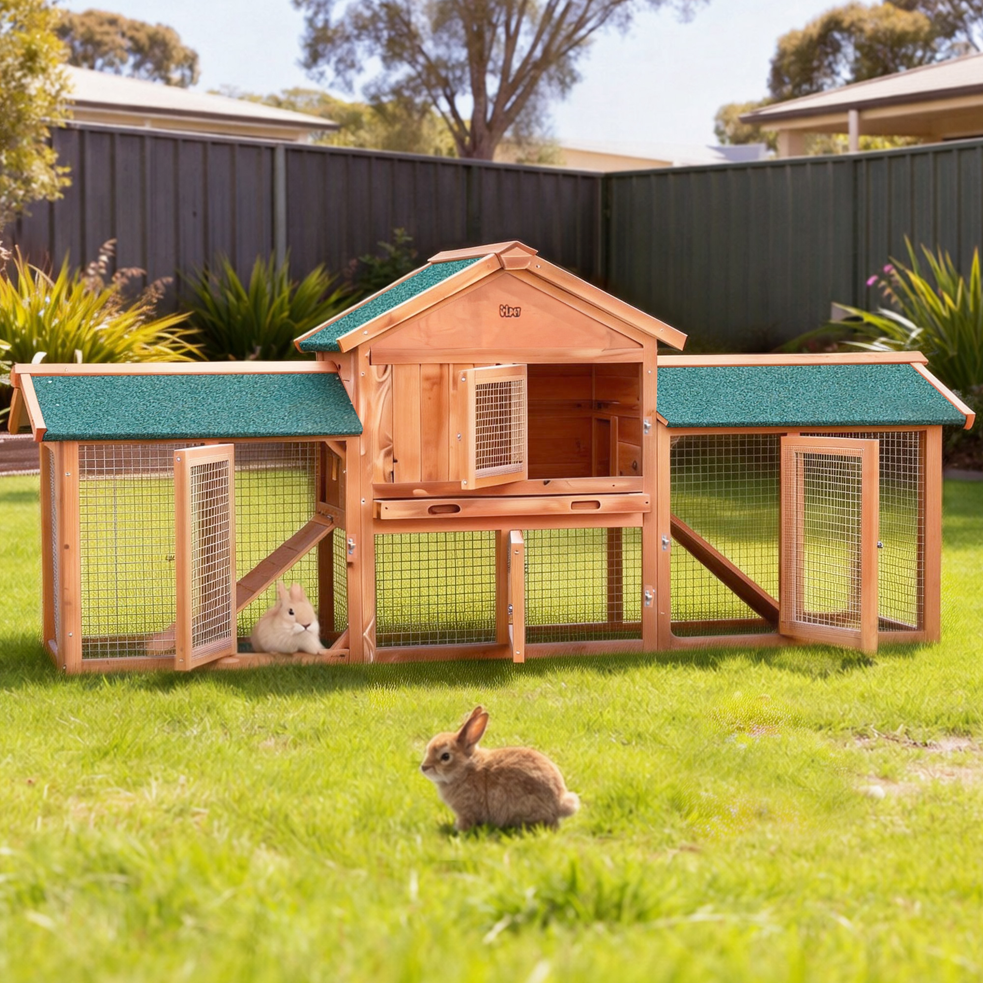i.Pet Rabbit Hutch 220cm Wooden Waterproof Two-Storey