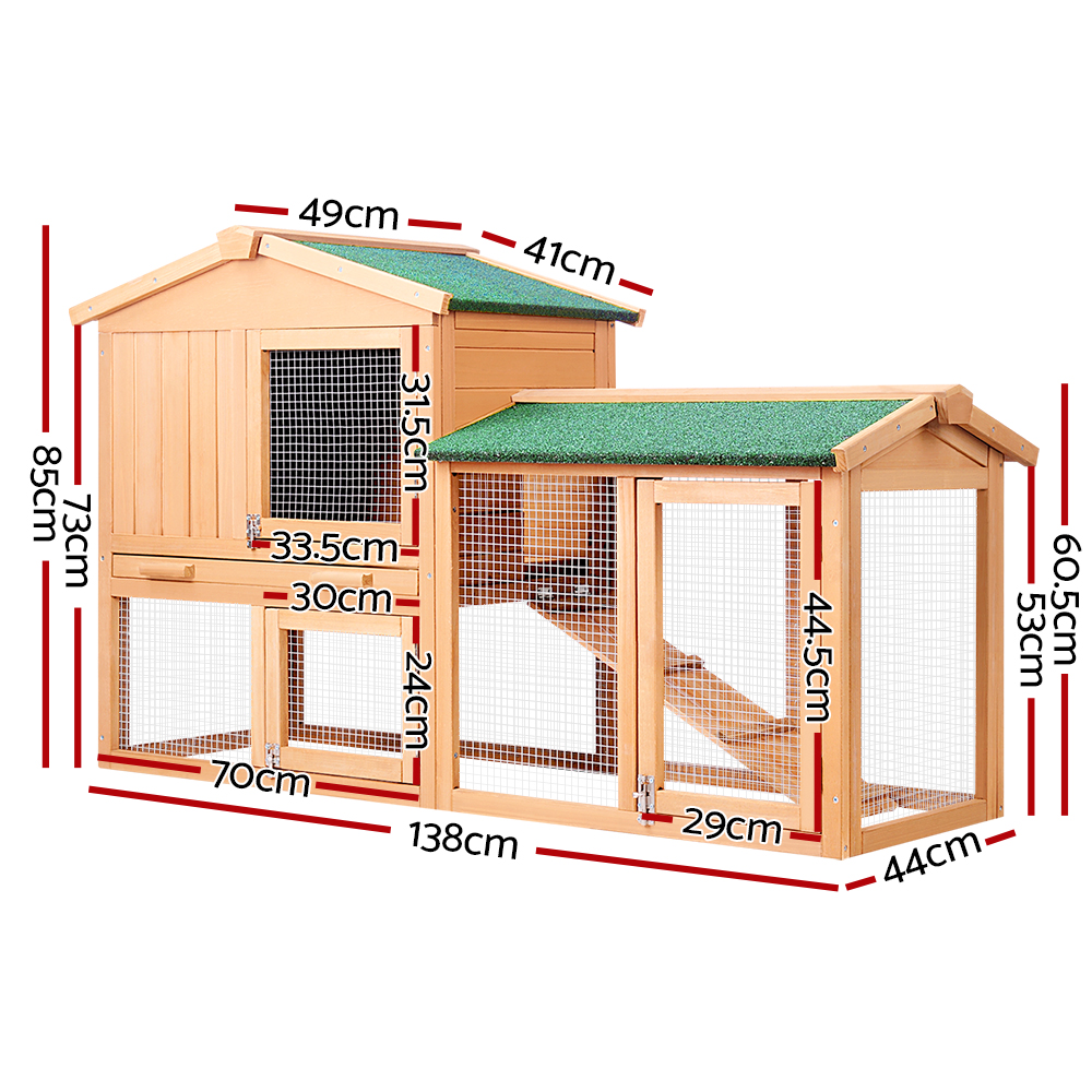 i.Pet Rabbit Hutch 138cm Wooden Waterproof Two-Storey view 2