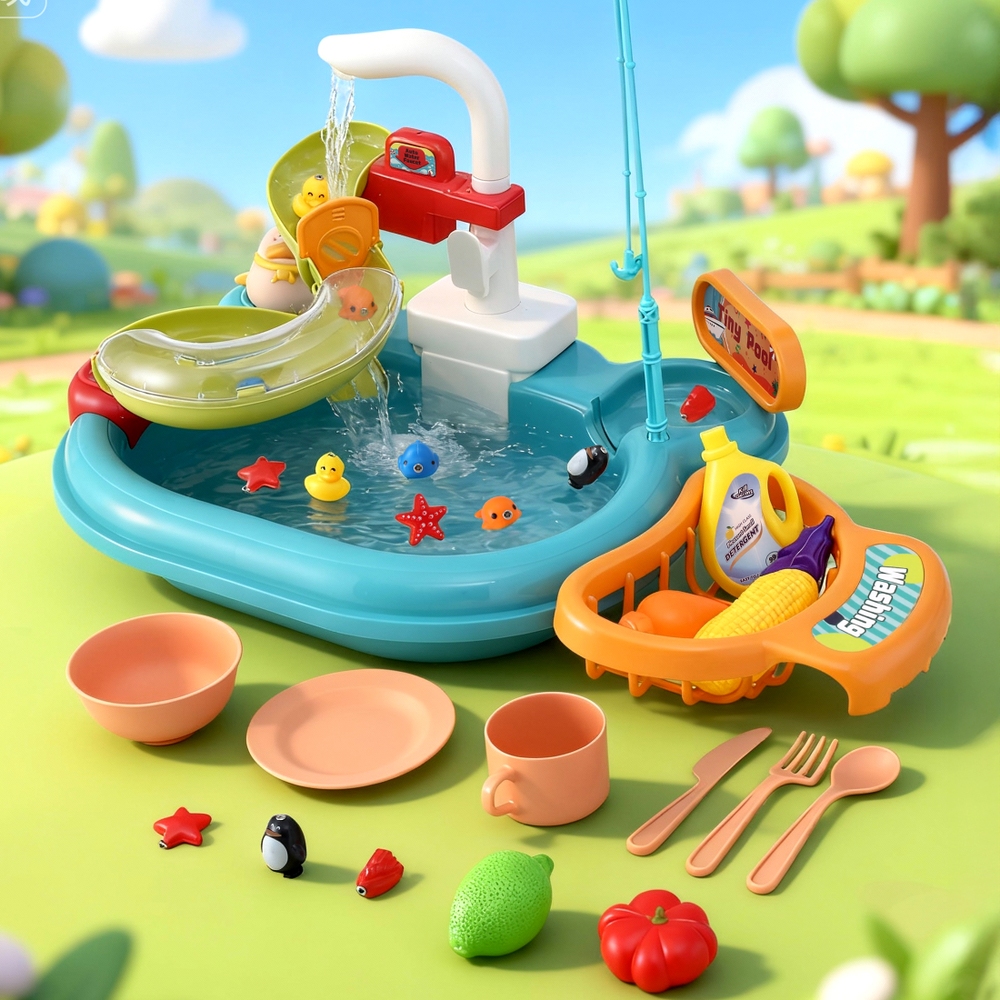 Keezi Kids Pretend Kitchen Sink with Faucet & Fishing Game
