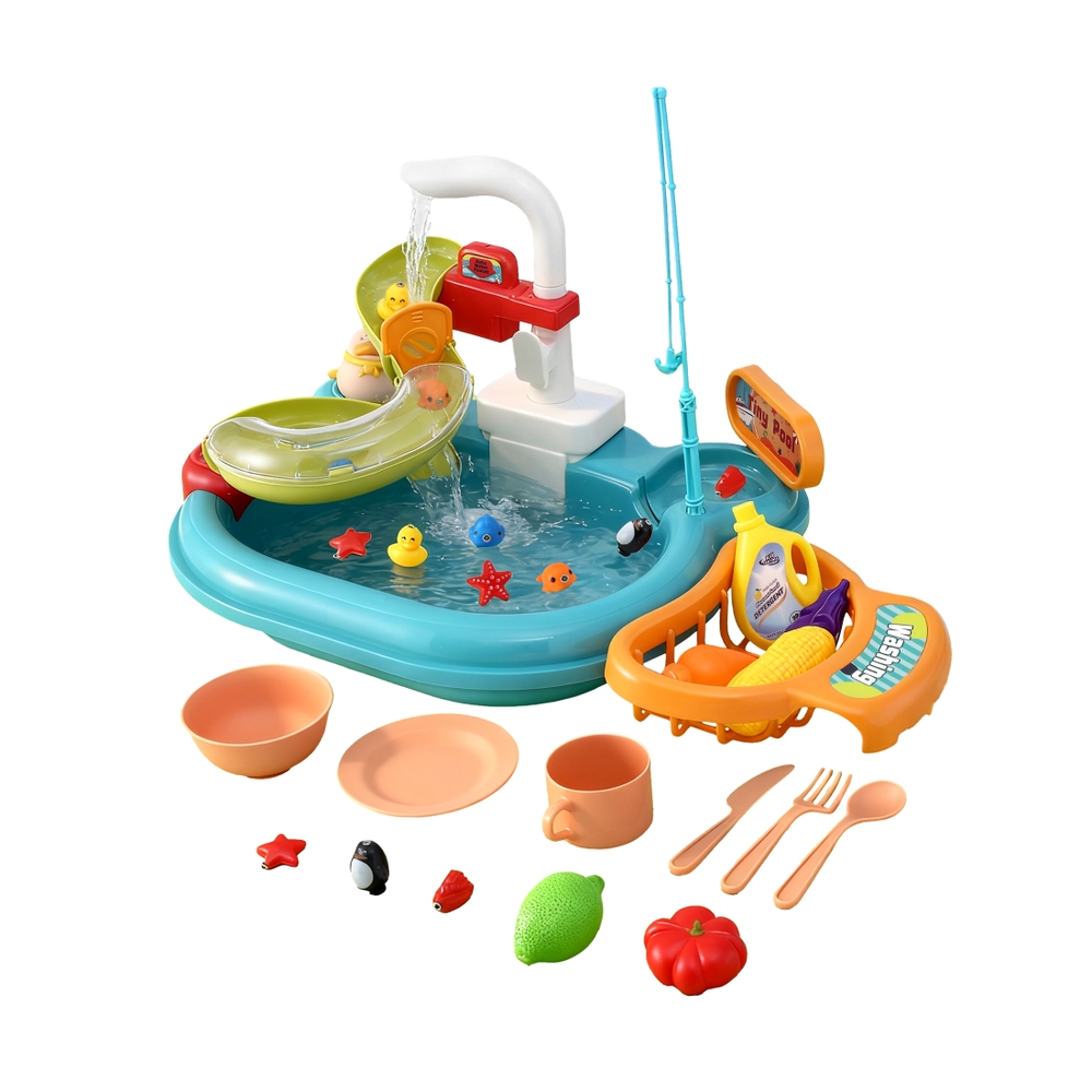 Keezi Kids Pretend Kitchen Sink with Faucet & Fishing Game view 2