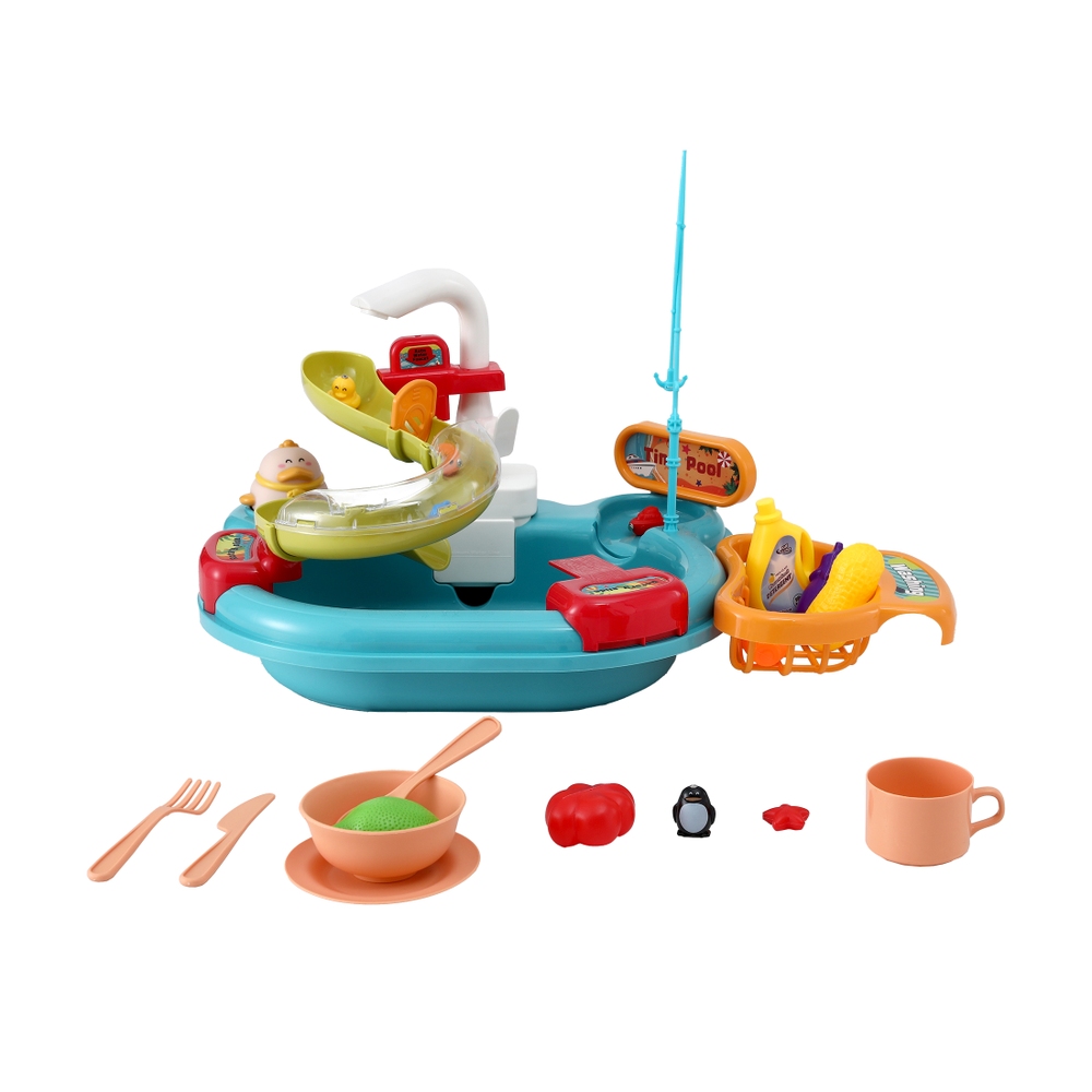 Keezi Kids Pretend Kitchen Sink with Faucet & Fishing Game view 4