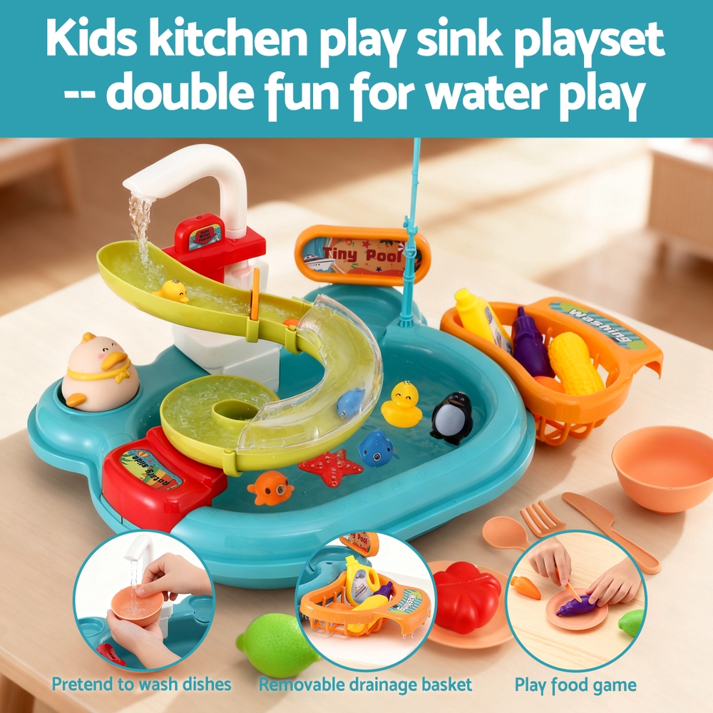 Keezi Kids Pretend Kitchen Sink with Faucet & Fishing Game view 5