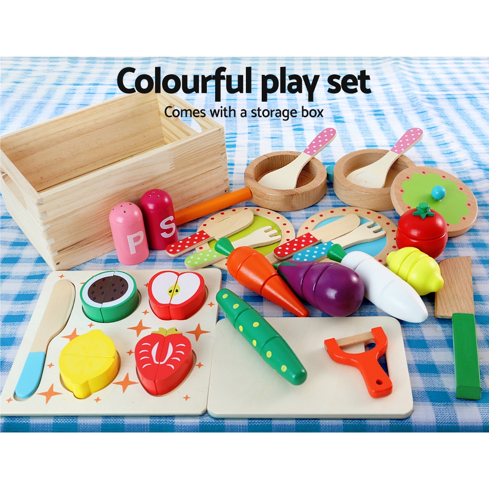 Keezi Wooden Kitchen Play Set with 29-Piece Food Set view 4