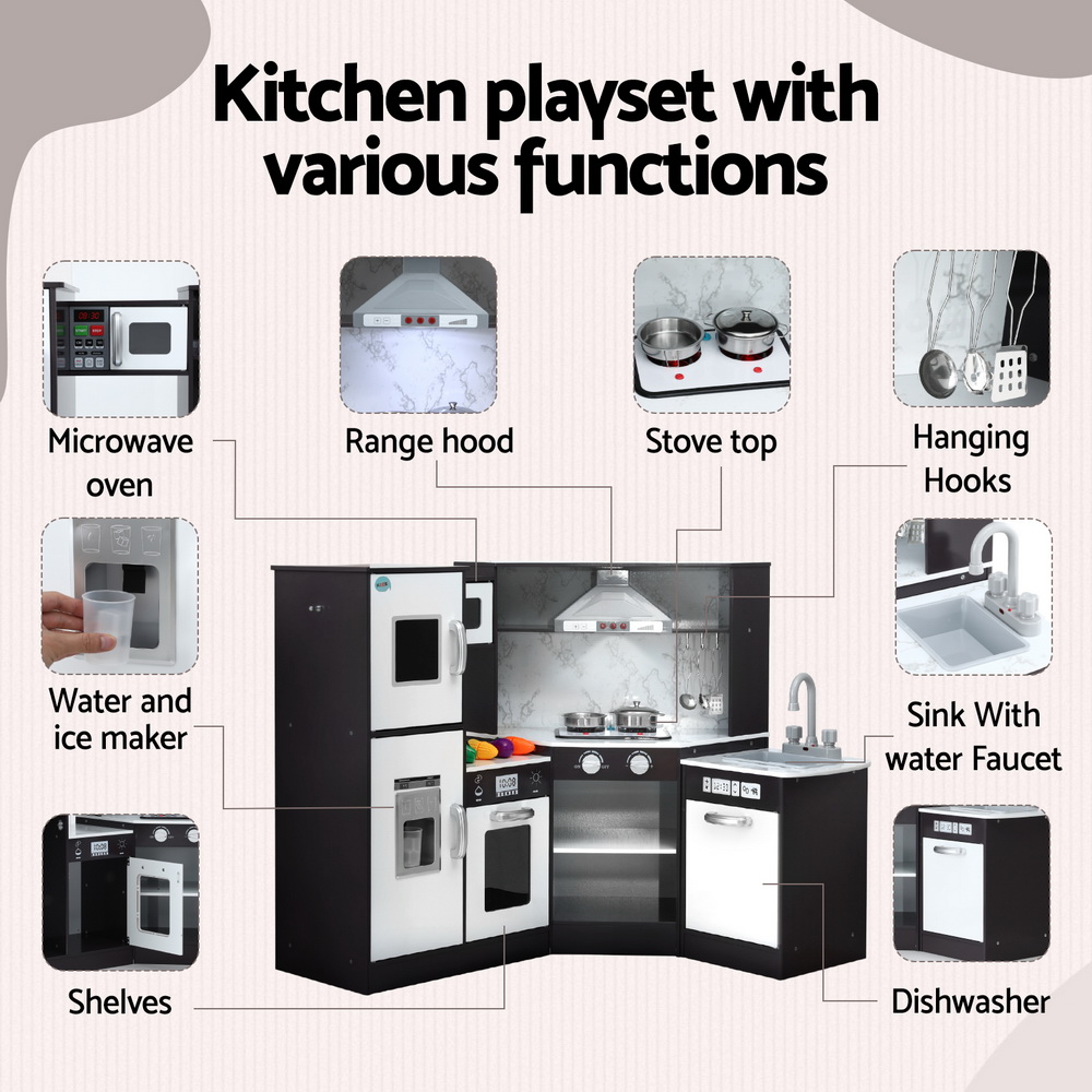 Keezi Black Wooden Kitchen Play Set with Sounds & Lights view 4