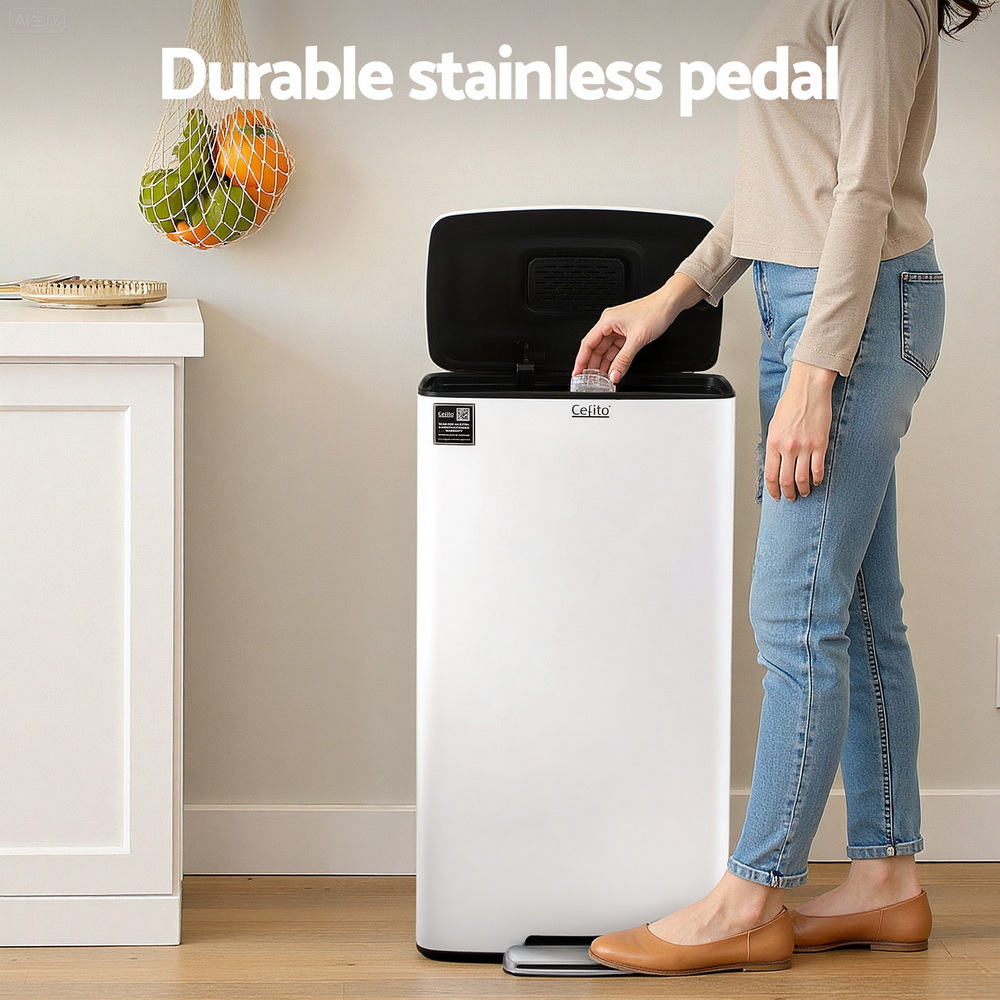 Cefito 40L Kitchen Trash Can Pedal Bins, White view 4