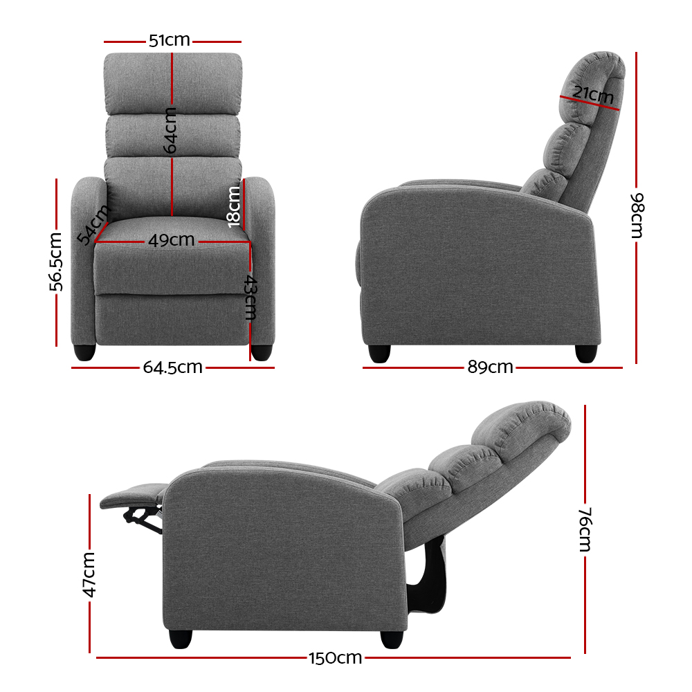 Artiss Bolivia Recliner Armchair Grey Fabric view 2