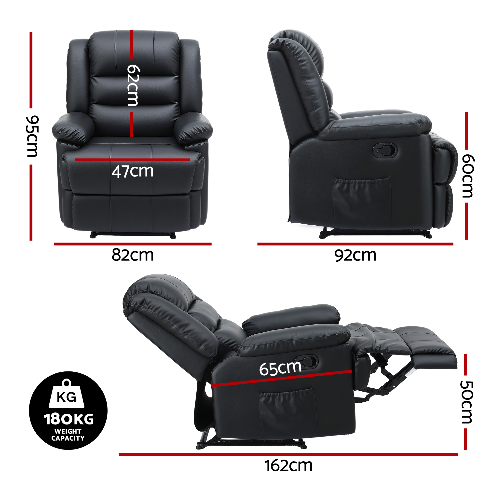 Artiss Manual Recliner Chair Leather LED Black view 2