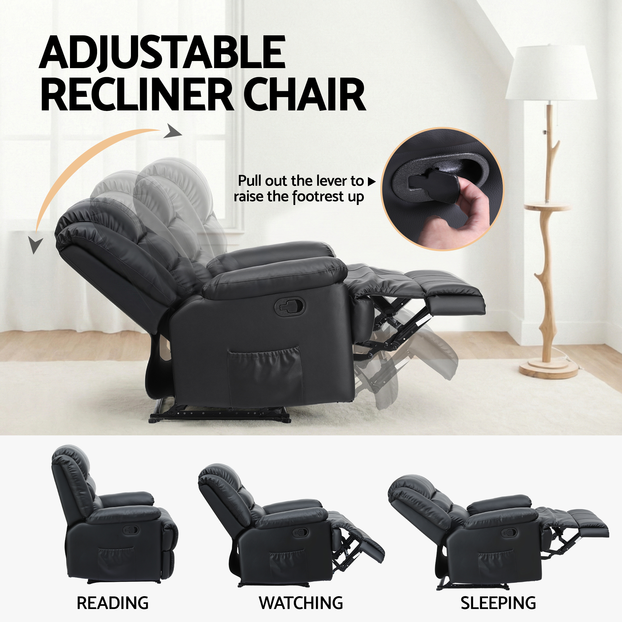 Artiss Manual Recliner Chair Leather LED Black view 4