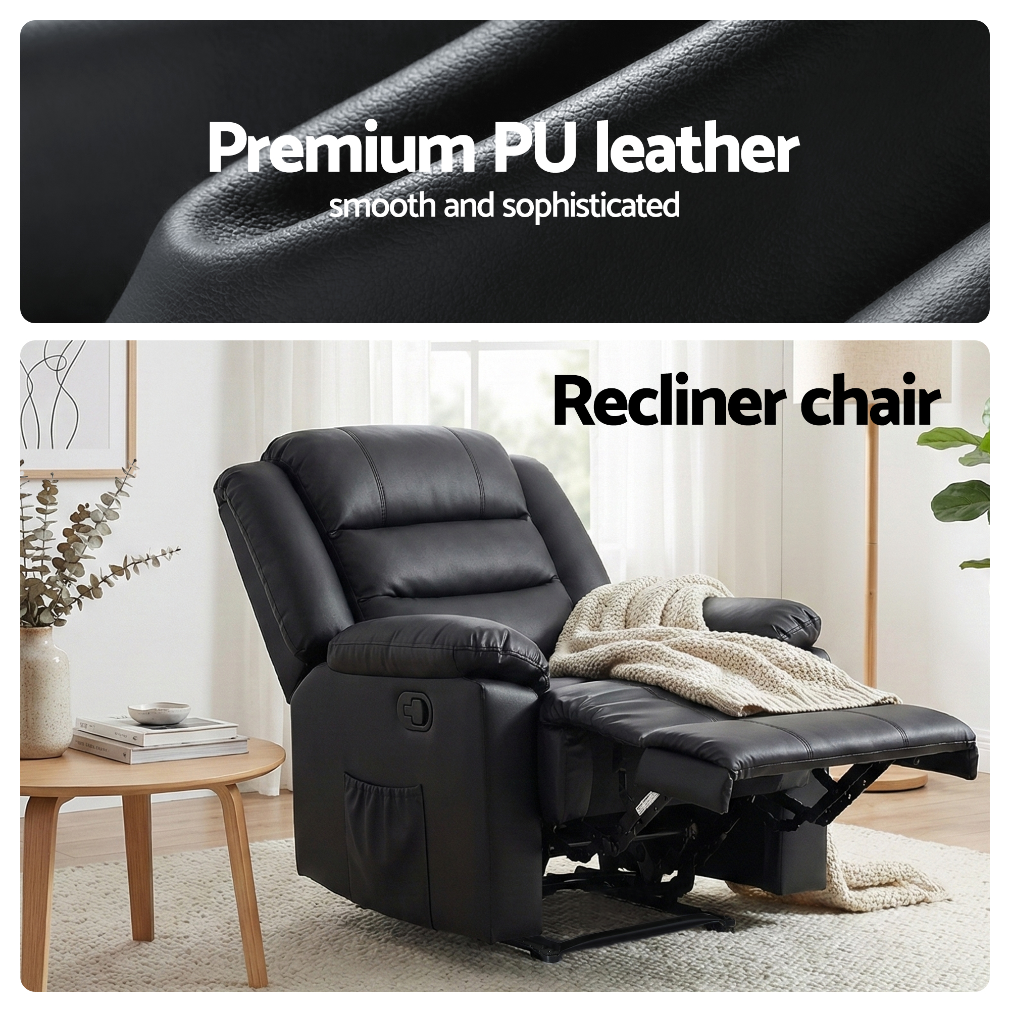 Artiss Manual Recliner Chair Leather LED Black view 5