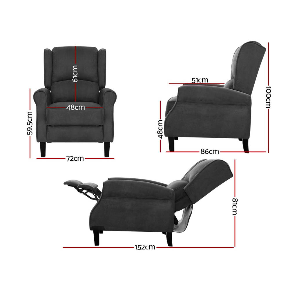 Artiss Recliner Chair Adjustable Suede Armchair Charcoal view 2