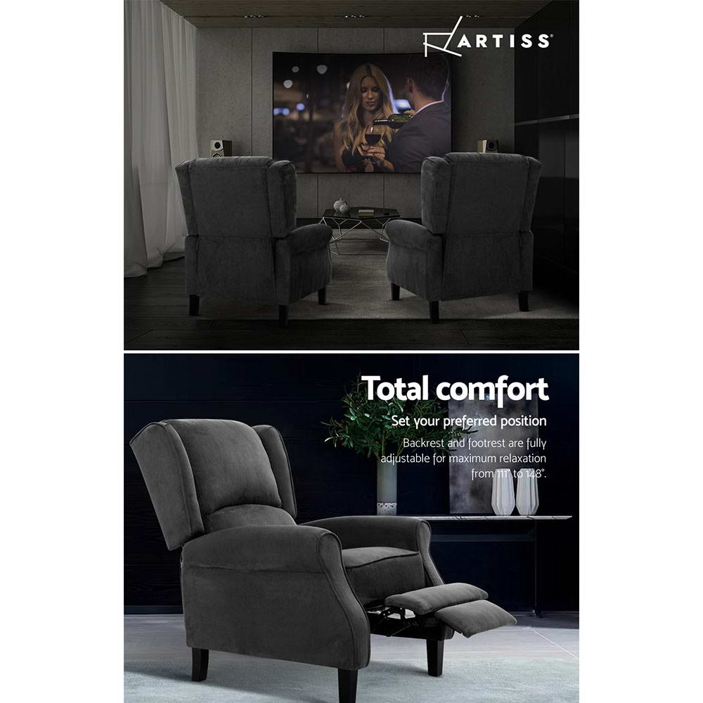 Artiss Recliner Chair Adjustable Suede Armchair Charcoal view 5