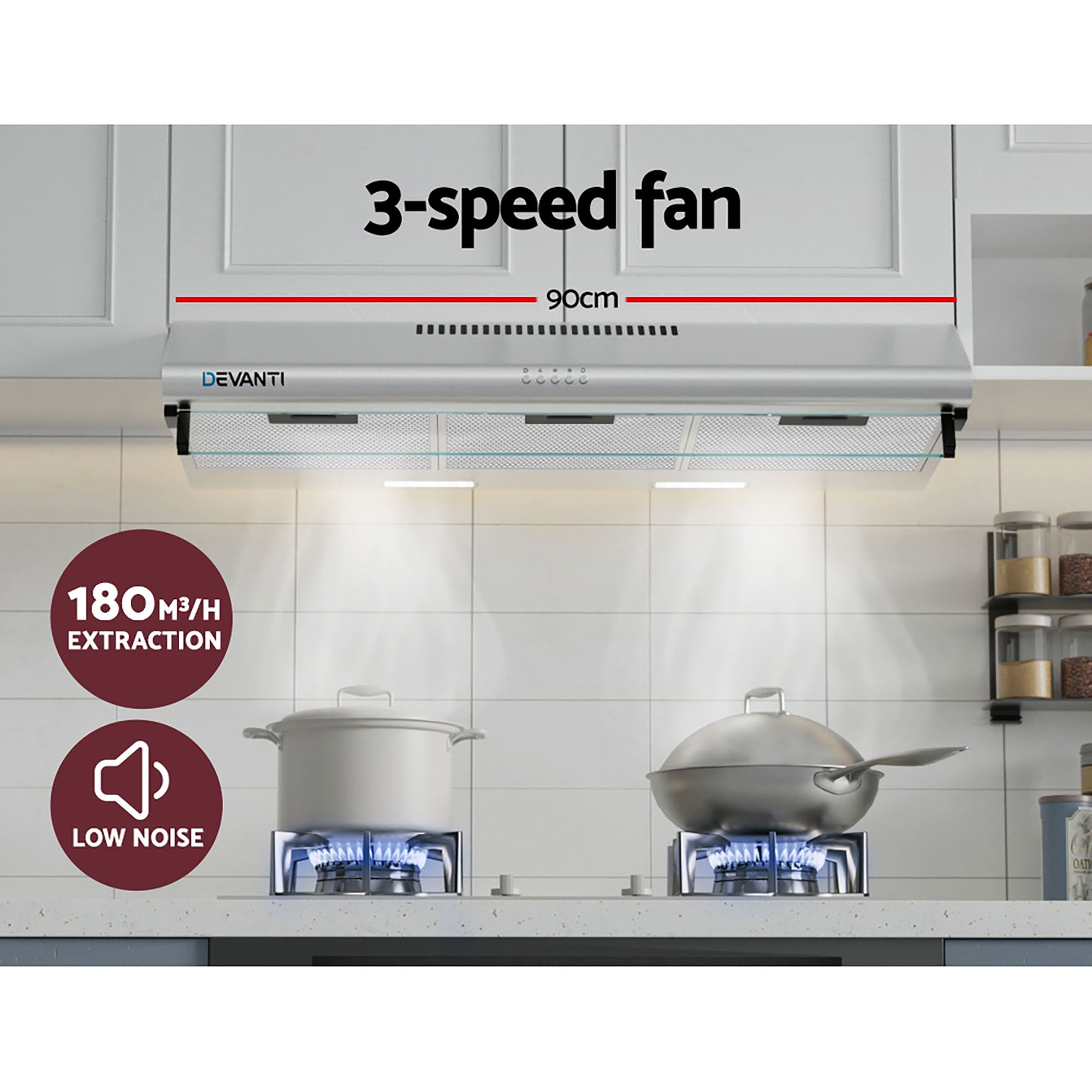 Devanti 90cm Stainless Steel Range Hood Glass Visor view 4
