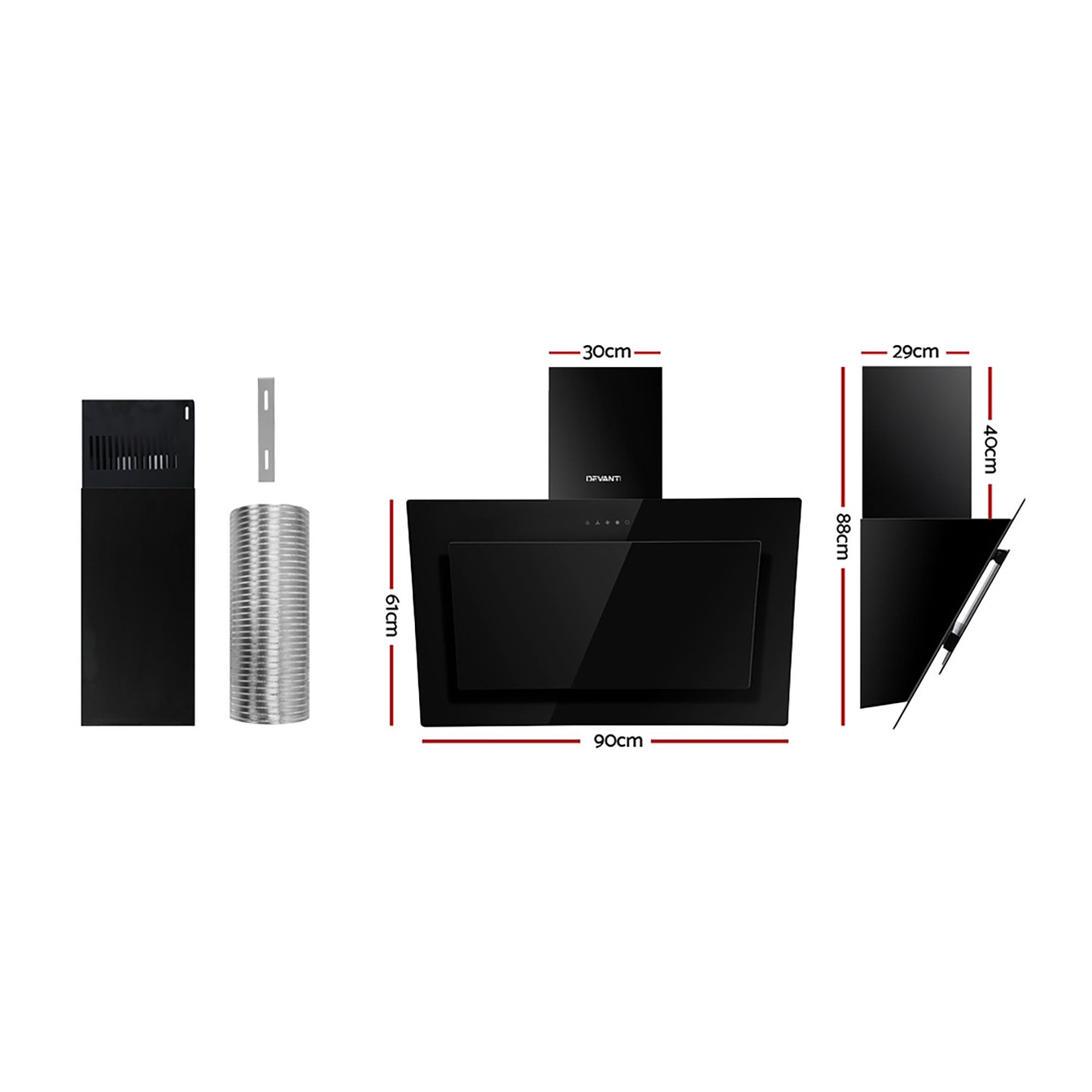 Devanti 900mm Side-Draft Range Hood Glass Black view 2