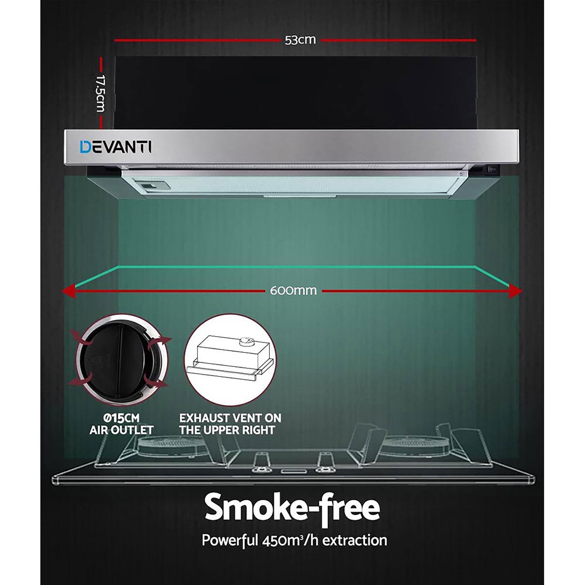Devanti 60cm Slide-Out Range Hood Stainless Steel view 3