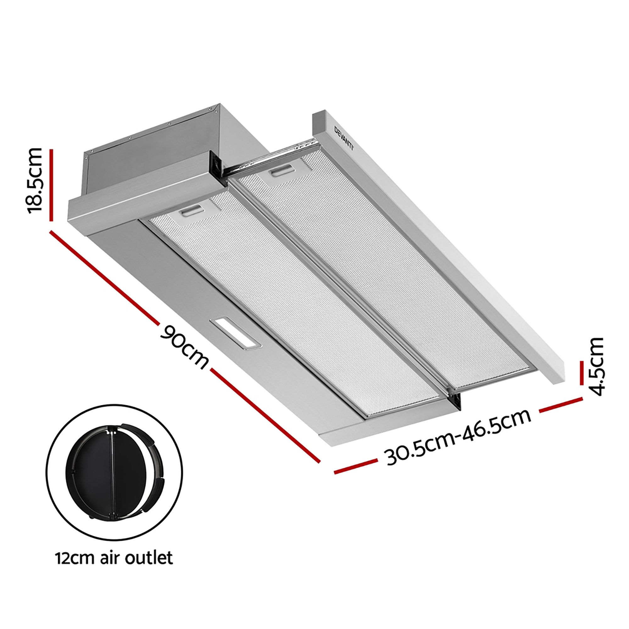 Devanti 90cm Slide-out Range Hood Stainless Steel view 2
