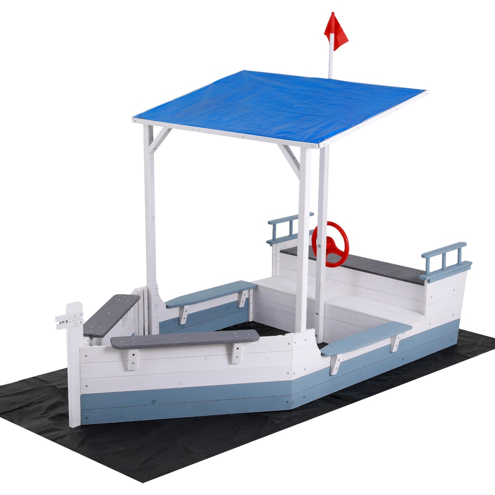 Keezi Kids Boat-Shaped Sandpit with Flag and Canopy
