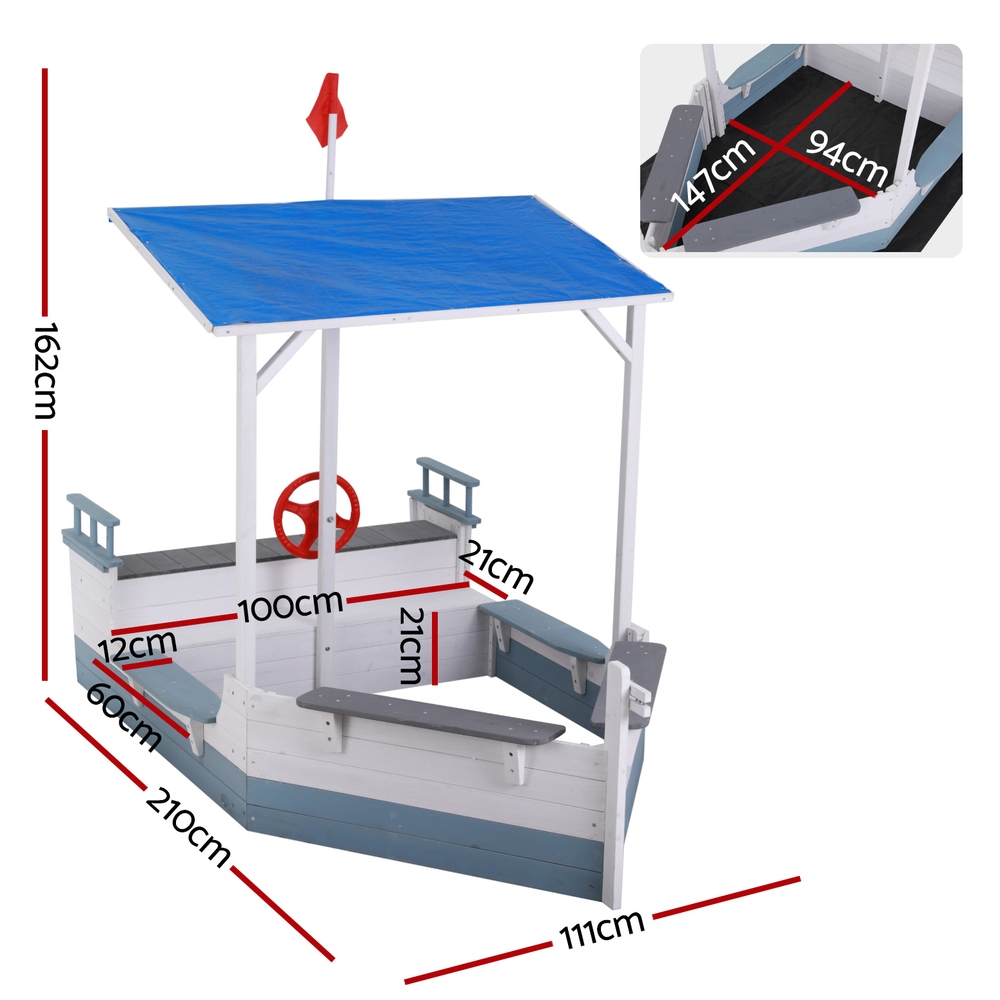 Keezi Kids Boat-Shaped Sandpit with Flag and Canopy view 2