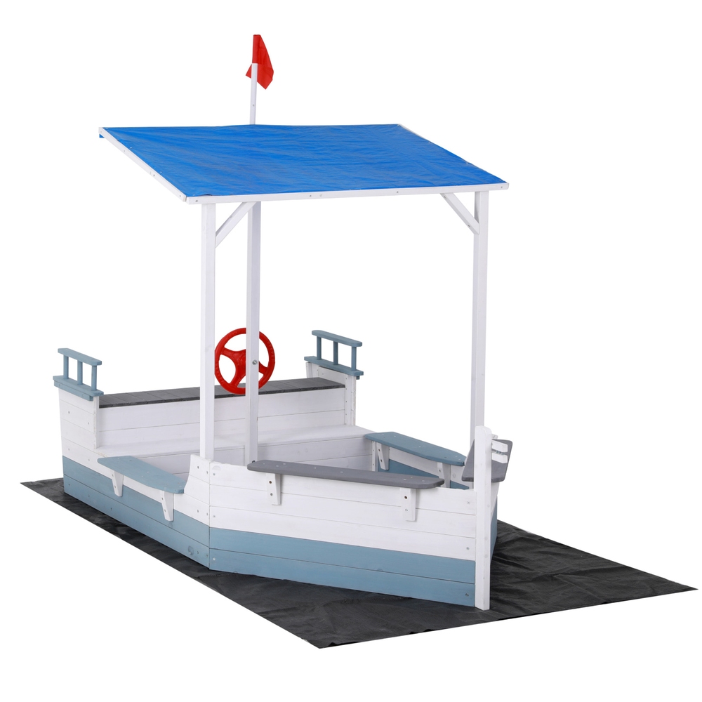 Keezi Kids Boat-Shaped Sandpit with Flag and Canopy view 3