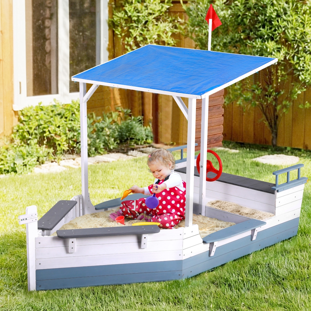 Keezi Kids Boat-Shaped Sandpit with Flag and Canopy view 5