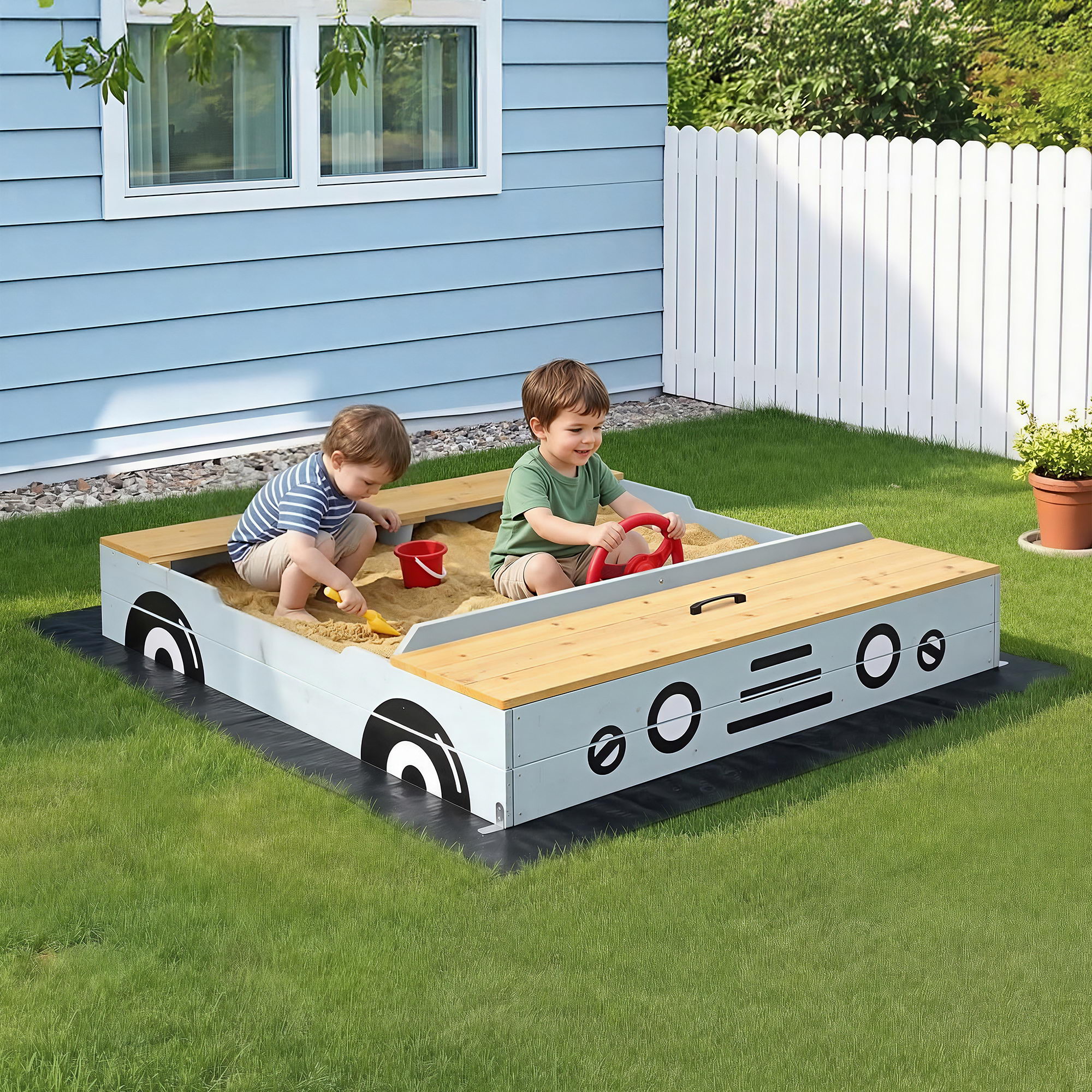 Keezi Wooden Car Sandpit with Steering Wheel 120cm