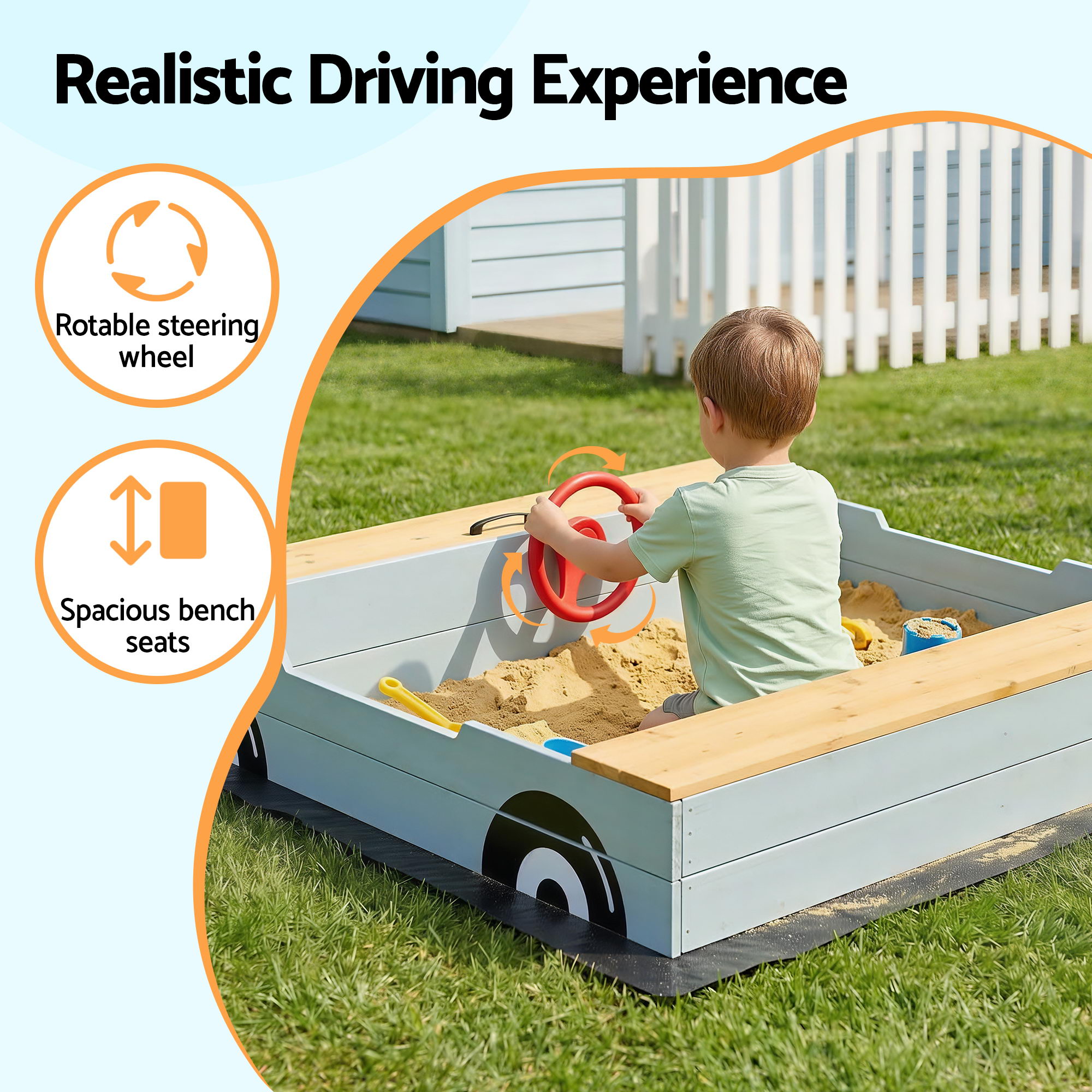 Keezi Wooden Car Sandpit with Steering Wheel 120cm view 4