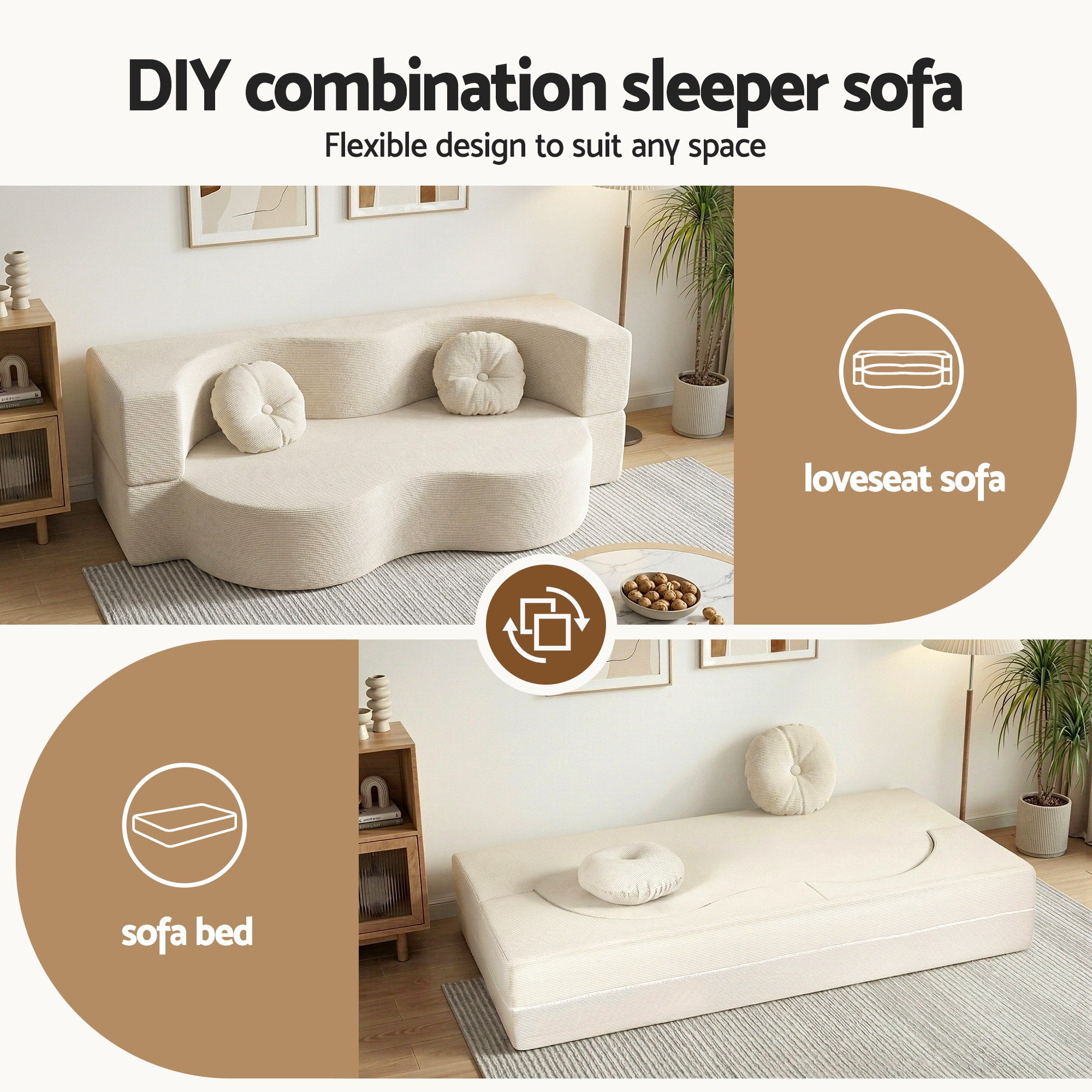 Artiss Folding Sofa Bed 2-in-1 Convertible Loveseat Beige view 5