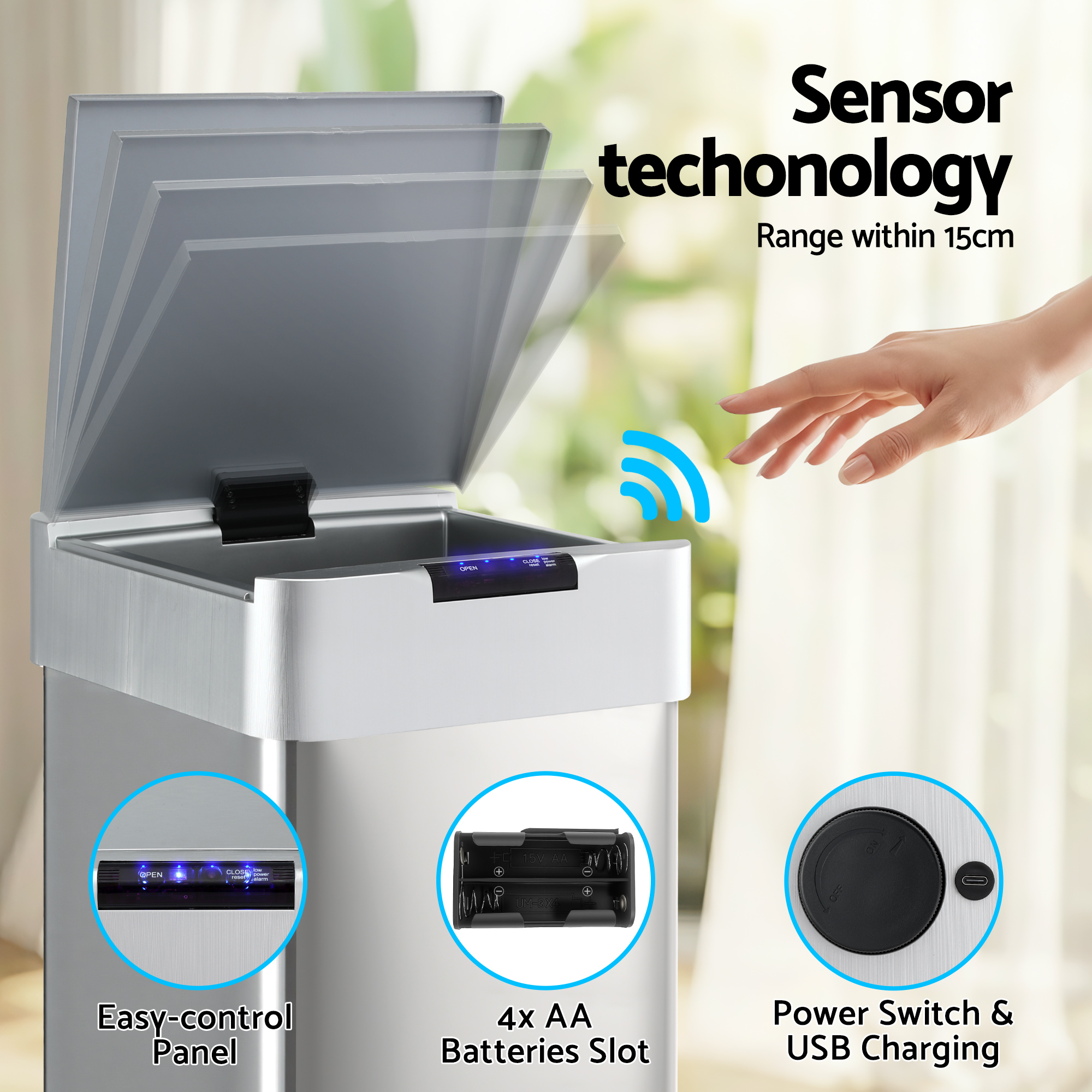 Devanti 50L Motion Sensor Bin Kitchen Trash Can view 4